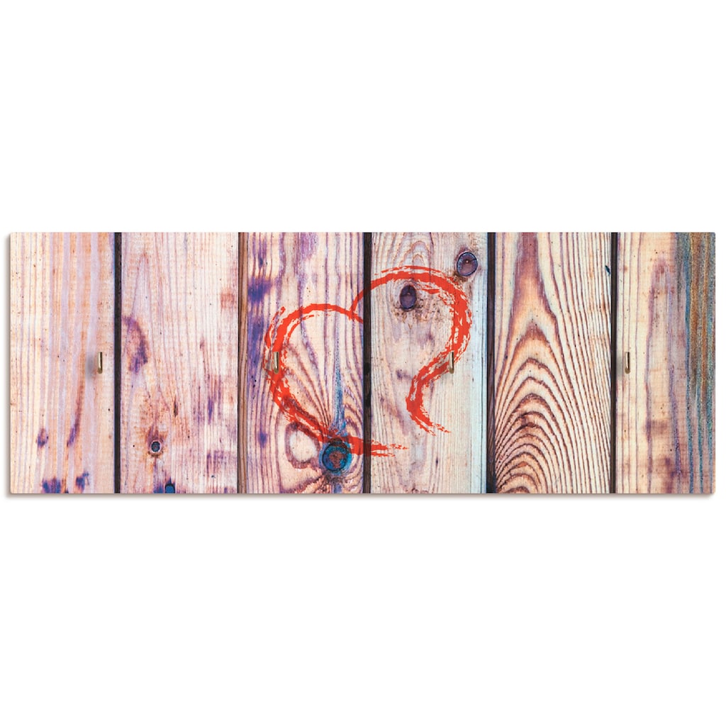 Artland Hakenleiste »Vintage Hintergrund Holzwand mit Herz«, aus Holz mit 4 Schlüsselhaken – Schlüsselboard, Schlüsselbretter, Schlüsselhalter, Schlüsselaufhänger für den Flur – Stil: Modern