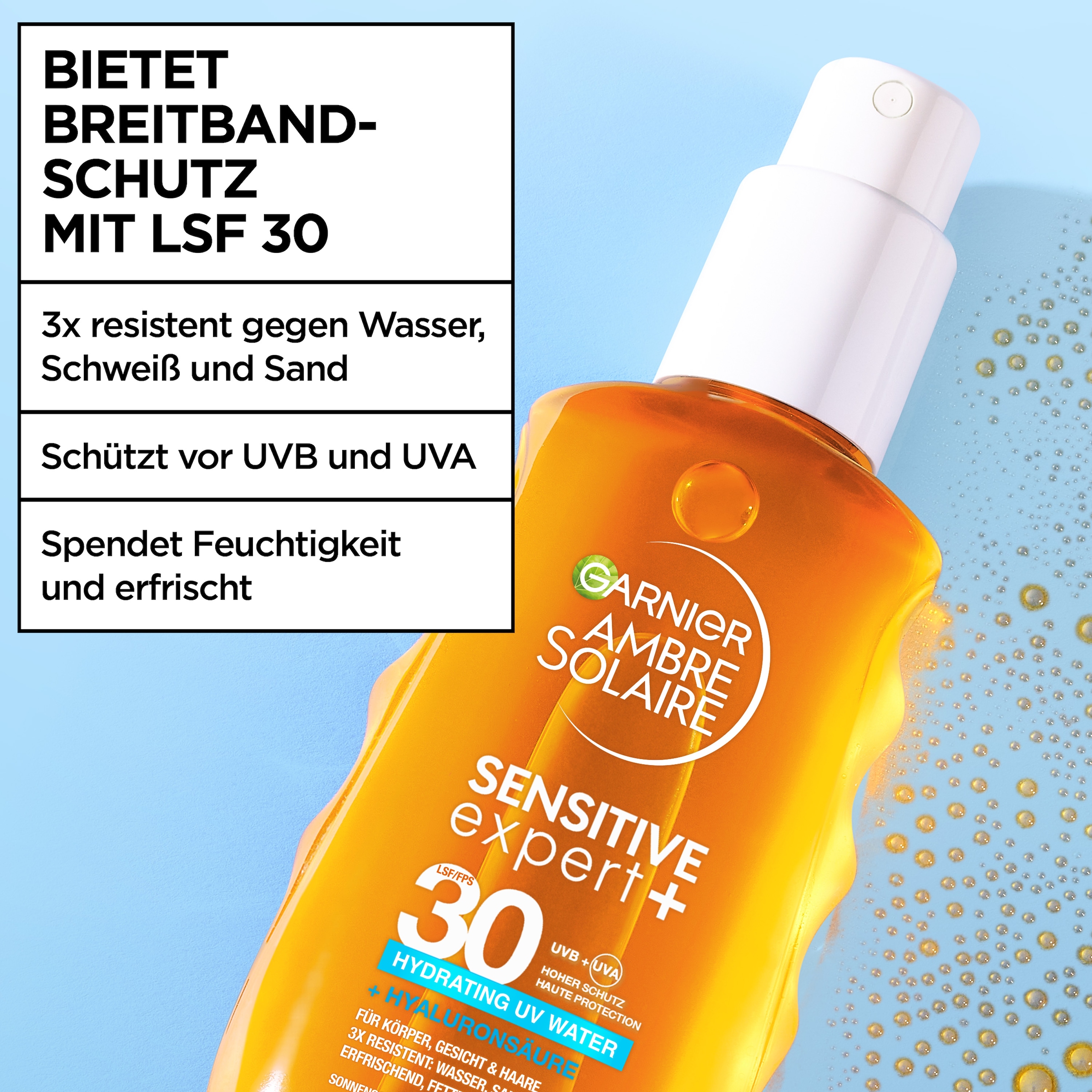GARNIER Sonnenschutzspray »AMBRE SOLAIRE SENSITIVE EXPERT+ LSF 30« Hyddrating UV Water + Hyaluronsäure