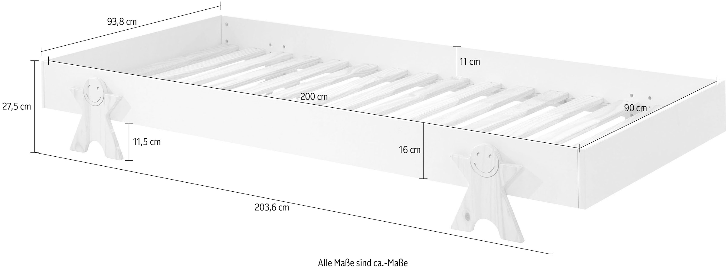 Vipack Kinderbett »Modulo«, (Made in Europe), Jugendbett, Einzelbett, Stapelbett mit Füßen in Smileoptik