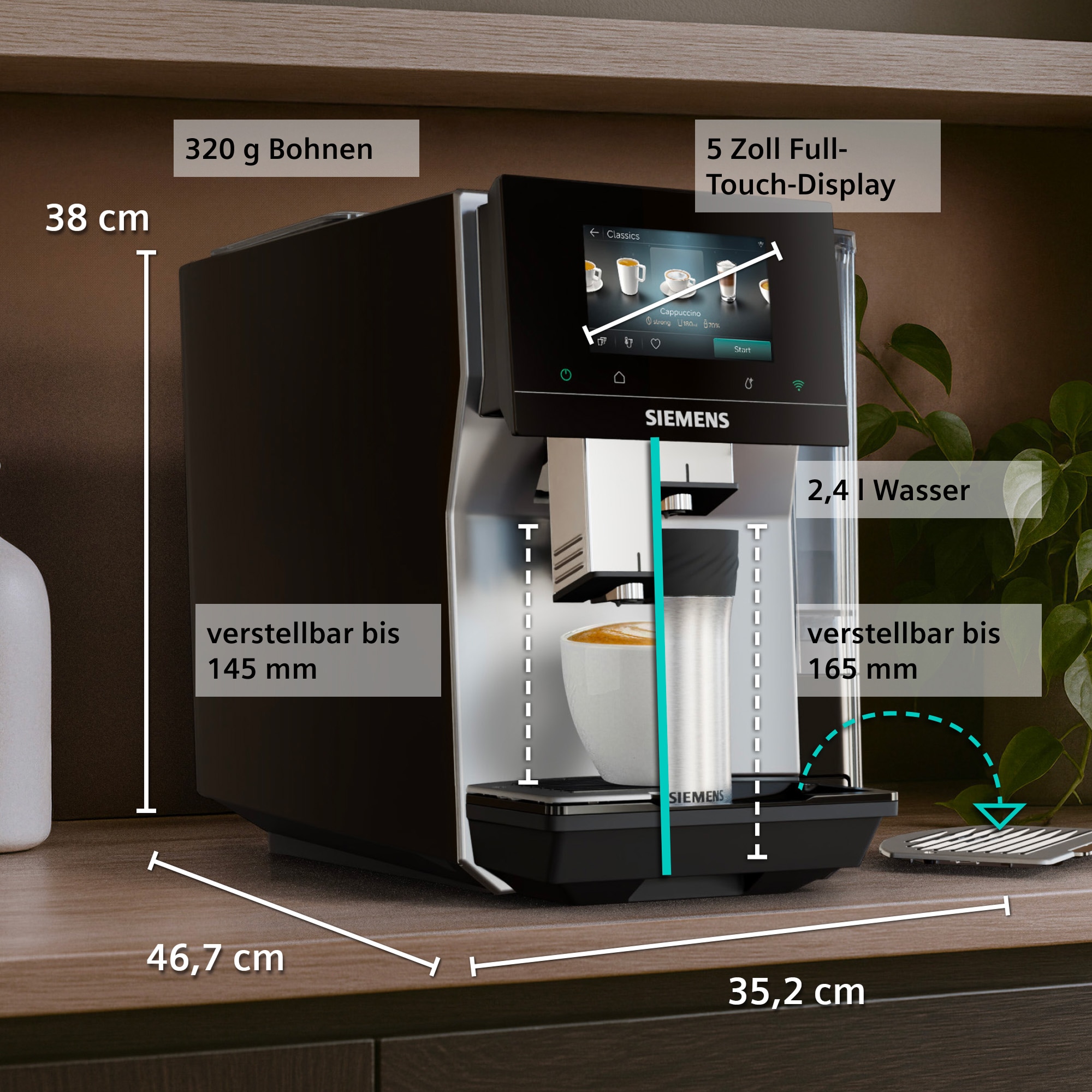 SIEMENS Kaffeevollautomat »EQ700 TP725ET7, inkl. Thermo-Kaffeebecher, XL-Getränke, 20 Favoriten« farbiges Full-Touch-Display, Doppeltassenfunktion, sehr leise, silber