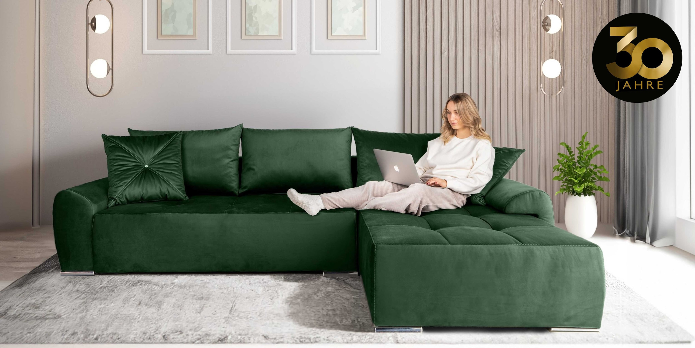 COLLECTION AB Ecksofa »30 Jahre Jubiläums-Modell Bilbao L-Form«, inkl. Bettfunktion und Bettkasten, Zierkissen mit Strassstein