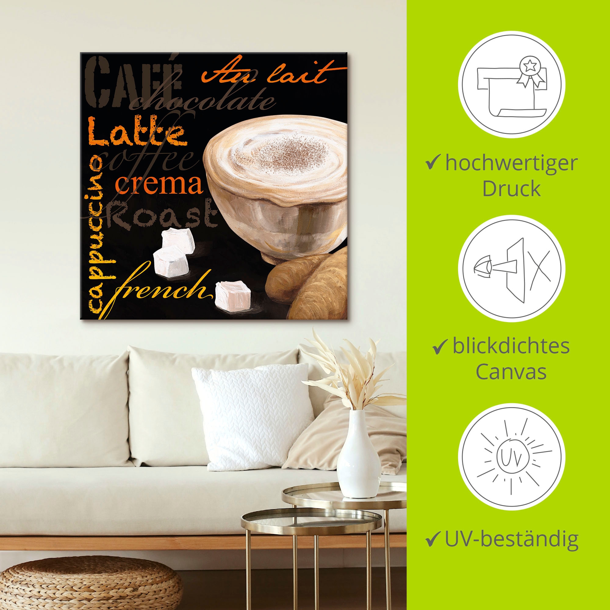 Artland Wandbild »Cappuccino - Kaffee«, Kaffee Bilder, (1 St.), als Alubild, Outdoorbild, Leinwandbild in verschied. Größen