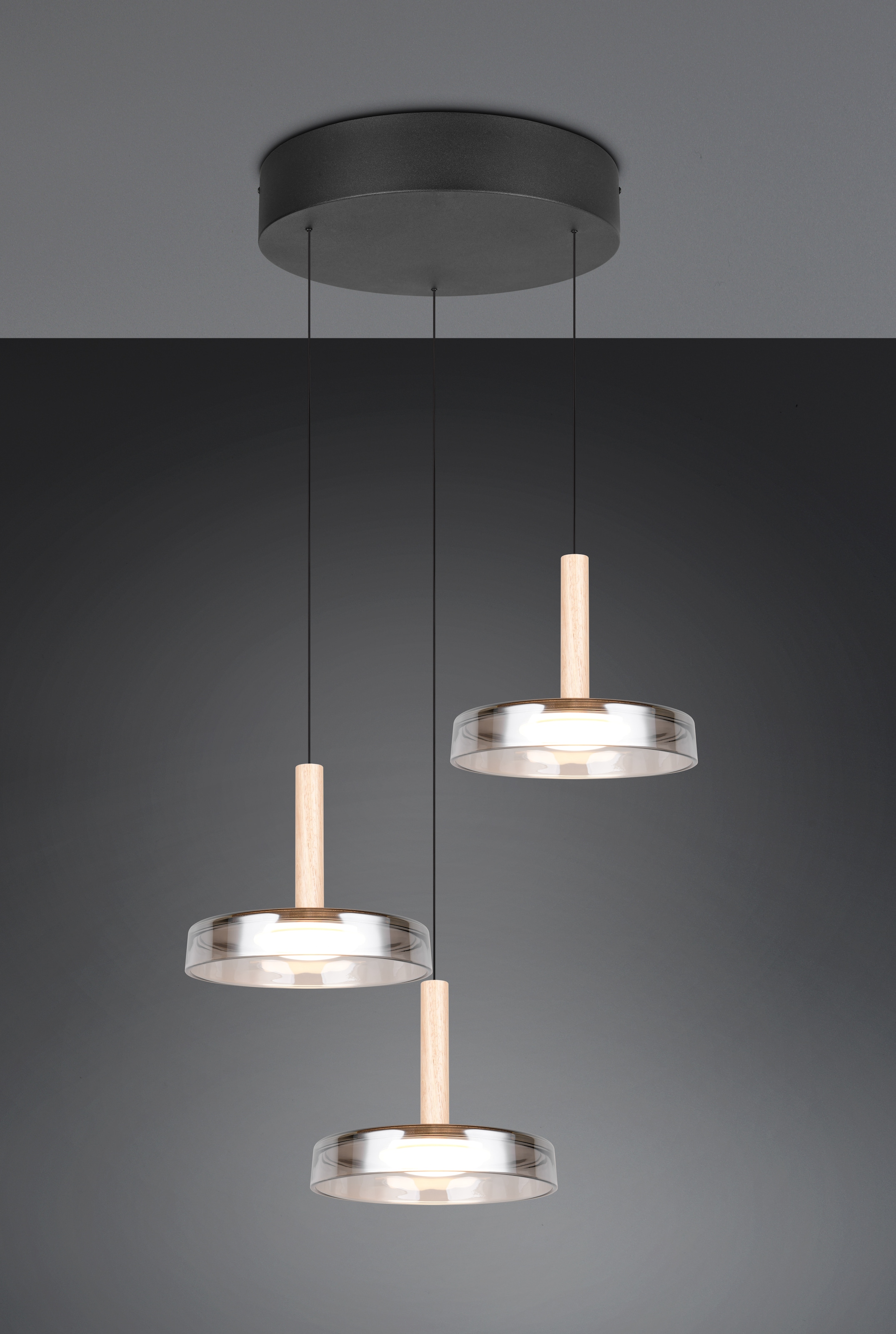 TRIO Leuchten LED Pendelleuchte »CELESTE dimmbare LED Hängelampe aus Metall Glas & Holz, 7,5W 750 Lumen«, 3 flammig, Leuchtmittel LED-Board | LED fest integriert, 3-flammig einfach höhenverstellbar von 50-200 cm 3-Stufen Dimmfunktion