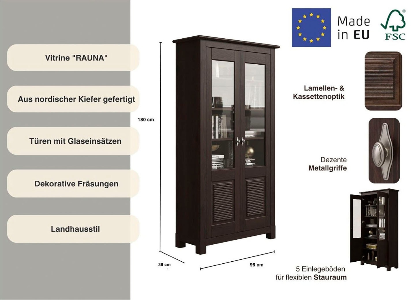 Home affaire Vitrine »Rauna«, Aus massiver Kiefer, Türen mit Glaseinsätzen
