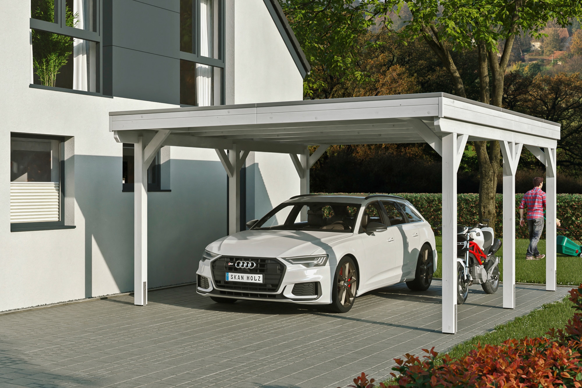 Skanholz Einzelcarport »Grunewald«, Leimholz-Nordisches Fichtenholz, weiß, mit Aluminiumdach