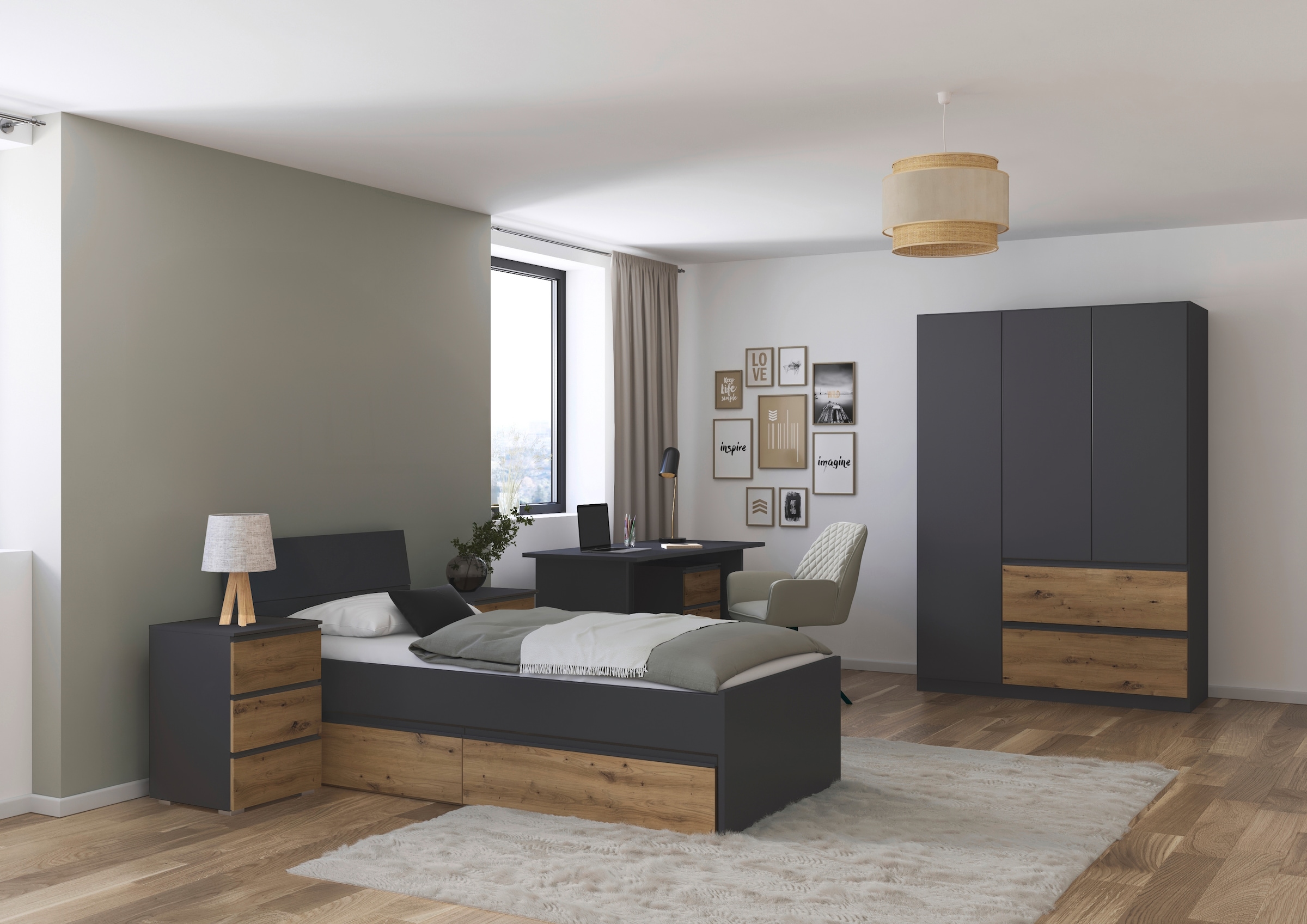 rauch Jugendzimmer-Set »Komplettzimmer Schlafzimmer-Set (5-St.) Jugendzimmer-Set JOEL« Set, 5 Stk. tlg. Bett 2 Breiten,Nachttisch,Tisch,Rollcontainer,Schrank MADE IN GERMANY