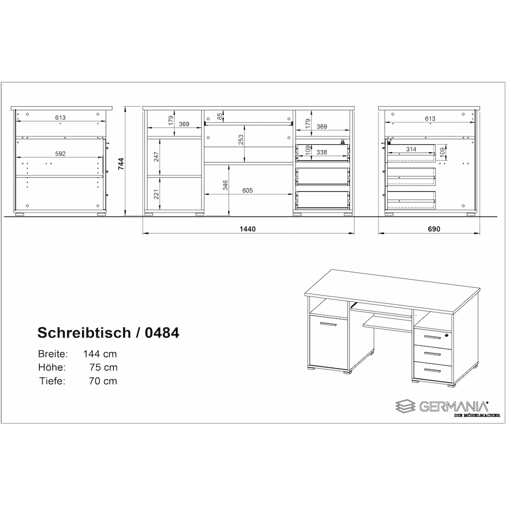 GERMANIA Computertisch »0484«, (Made in Germany), Schreibtisch mit Tastaturauszug & abschließbarem Schubkasten, B.145 cm