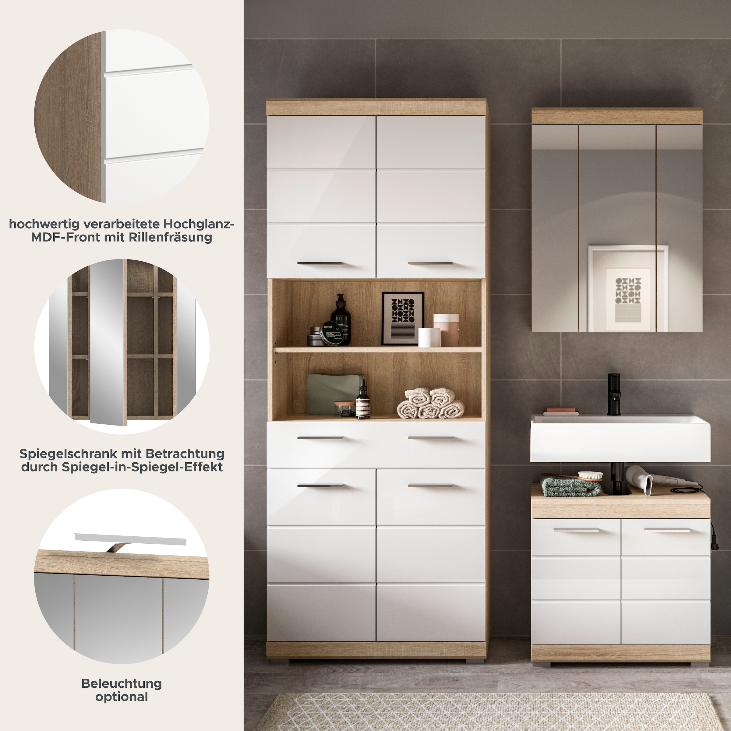 INOSIGN Badmöbel-Set »SIENA, TOPSELLER!, Breite 149cm, 3-teiliges Set« Set, bestehend aus: Hochschrank, Waschbeckenunterschrank & Spiegelschrank, 3 Stk. tlg.