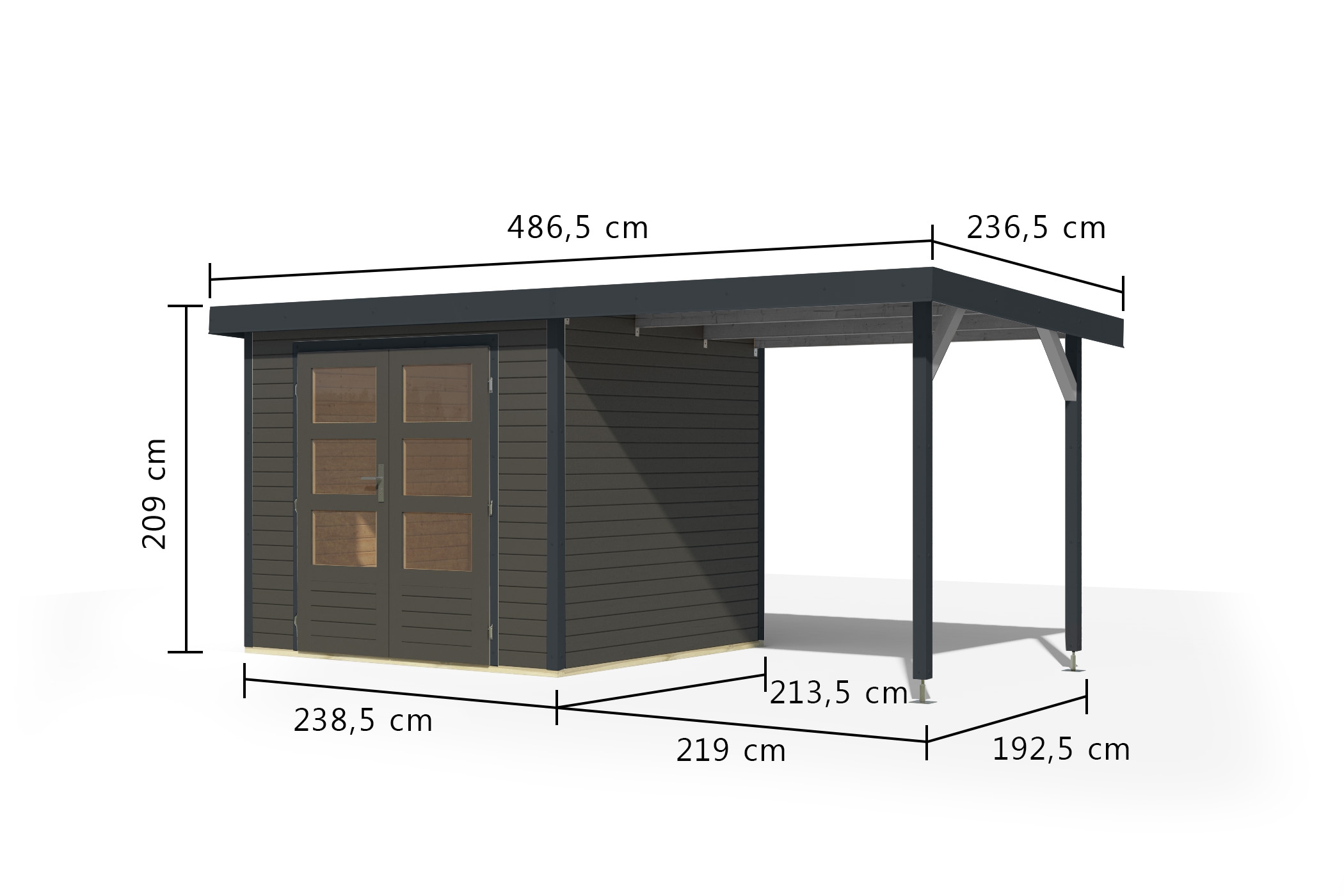 Karibu Gartenhaus »"Jupiter 3 B" SET terragrau, mit Anbaudach 2,35 m breit«, hochwertige Materialien: nordische Fichte, Stahlecken, Trapezblechdach