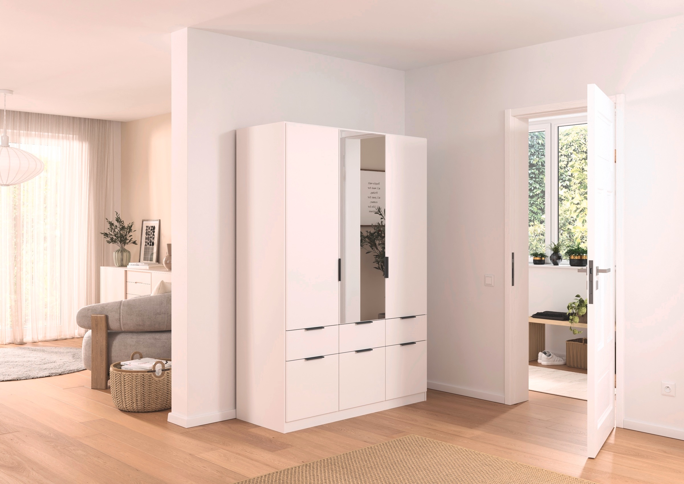rauch Kleiderschrank »Kleiderschrank Schrank Garderobe Wäscheschrank DUNDEE«, (mit 3 Griff-Varianten), Schubladen in zwei Höhen, optional mit Spiegel MADE IN GERMANY