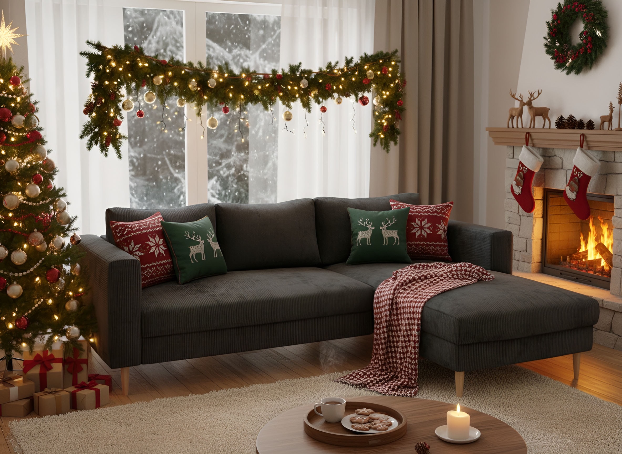 TRENDMANUFAKTUR Ecksofa »Amazing, wahlw. mit Schlaffunktion & Bettkasten, Fuß Buche lackiert« Recamiere beidseitig montierbar, L-Form,in Cord o. Struktur, B: 232 cm