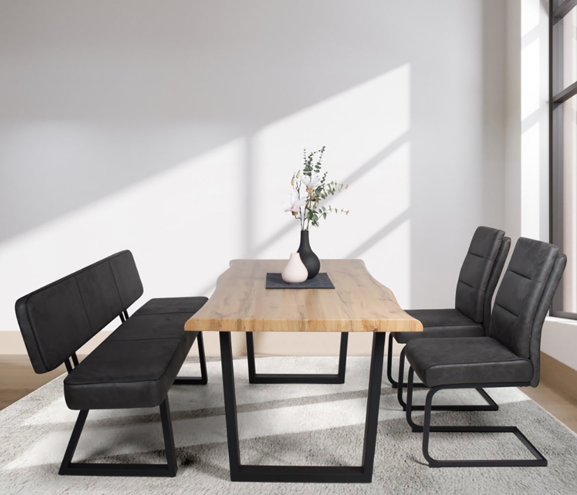 Essgruppe »Esszimmergruppe Thea & Tara & Marga Bank« Set, 4-tlg., 4 Stk. tlg. Baumkantentisch, Stühle mit Taschenfederkern, robuste Metallgestelle 