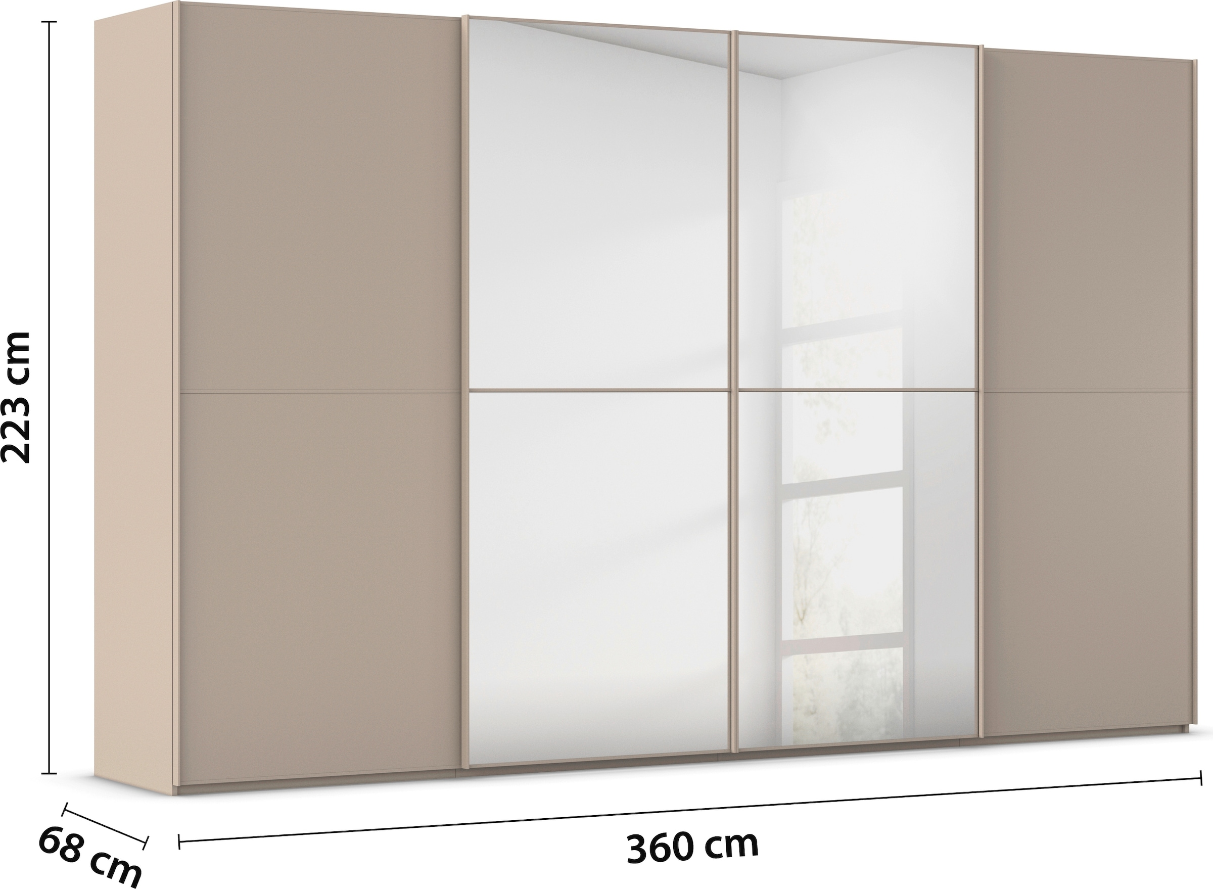 rauch Schwebetürenschrank »Kleiderschrank Schrank Garderobe Schlafzimmerschrank SCALE-DUO«, edle zweigeteilte Türen, Spiegel und 3 Zierleisten MADE IN GERMANY