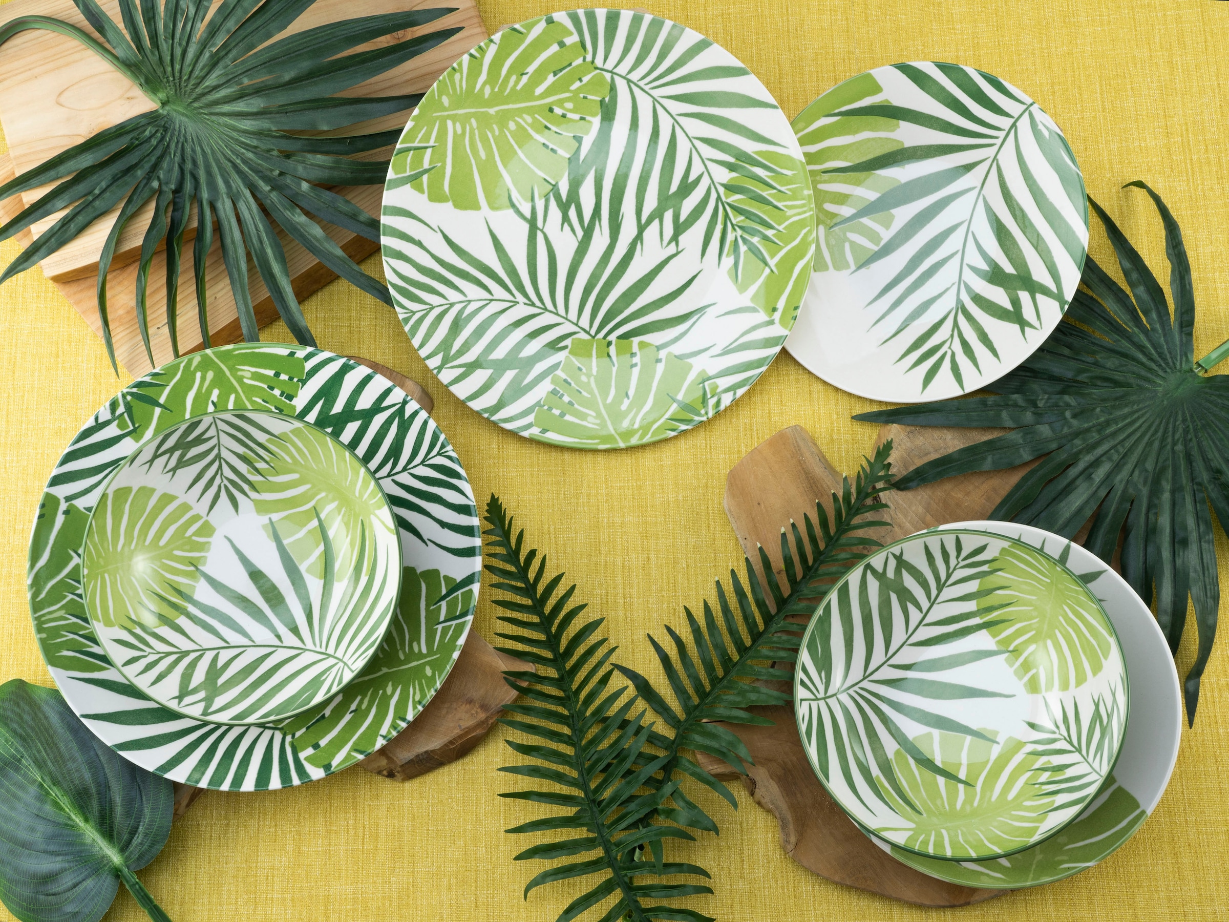CreaTable Teller-Set »Tropicana«, (Set, 12 tlg.), vollflächiger tropischer Blätter Dekor