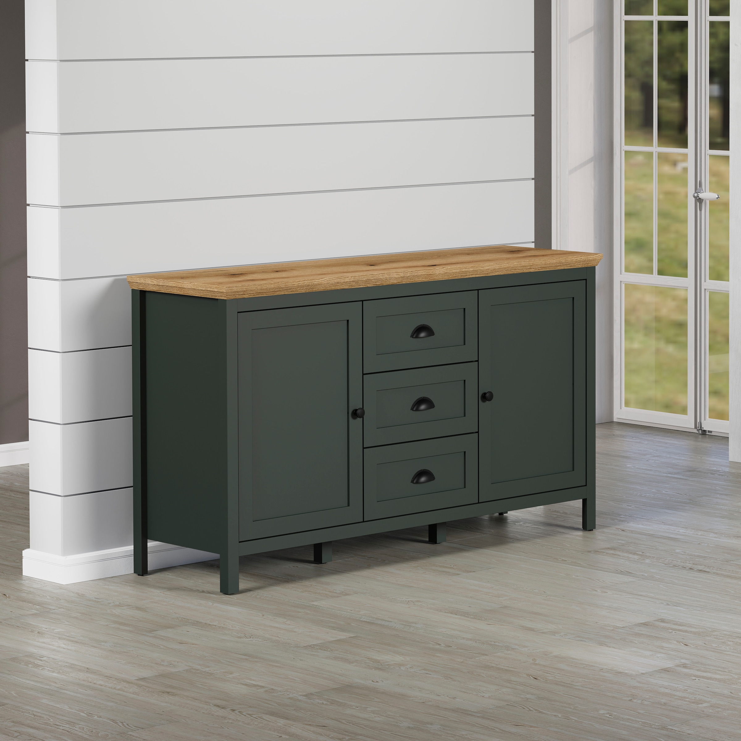 Home affaire Sideboard »Vienna«, Kommode im Landhausstil mit Muschelgriffen - 3 Schubladen und 4 Fächer