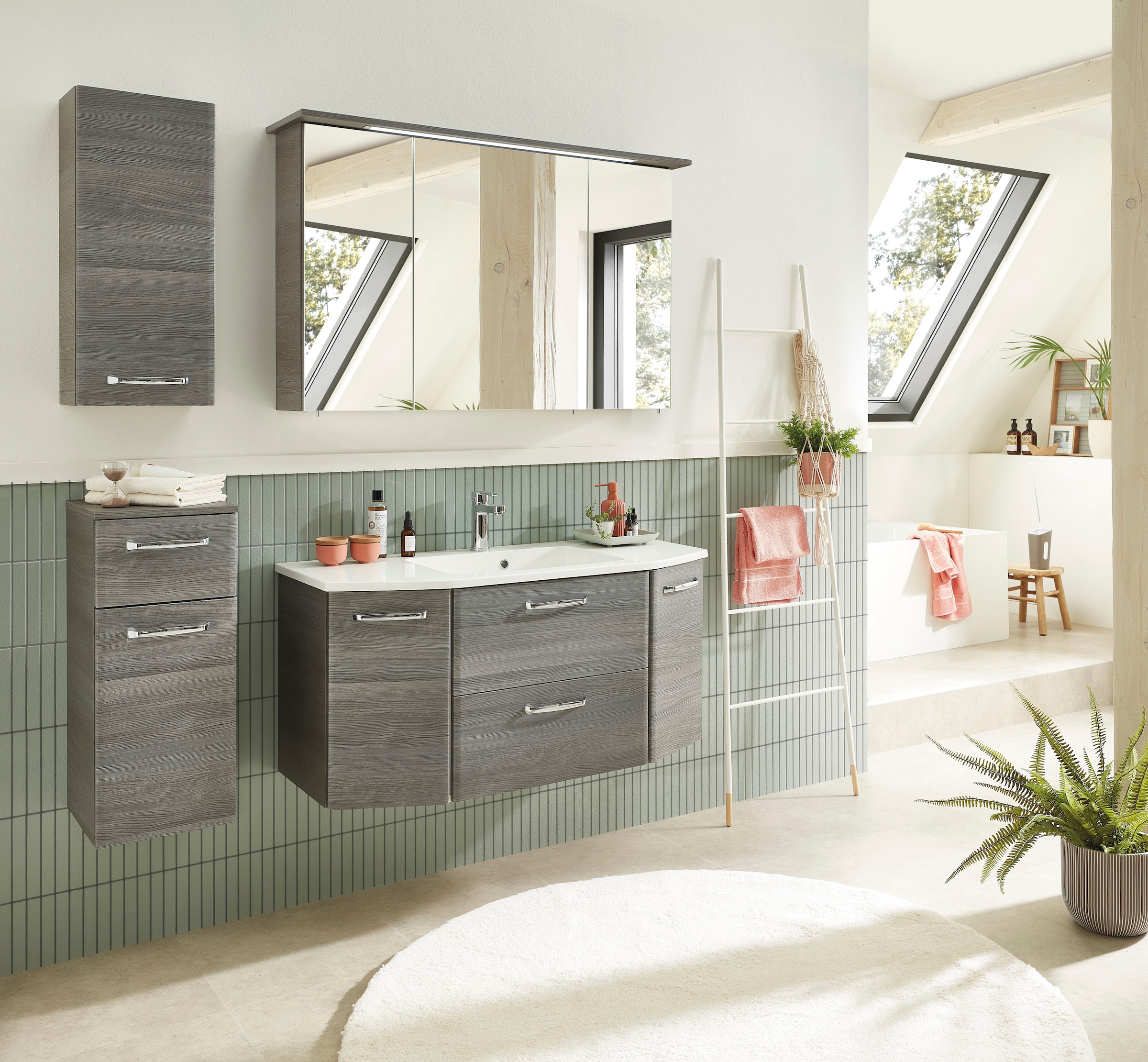 Saphir Badmöbel-Set »Quickset 4-teilig, Mineralmarmor-Waschtisch und LED-Spiegelschrank«, (5 St.), Unterschrank, Hängeschrank, inkl. Türdämpfer, 7 Türen, 1 Klappe