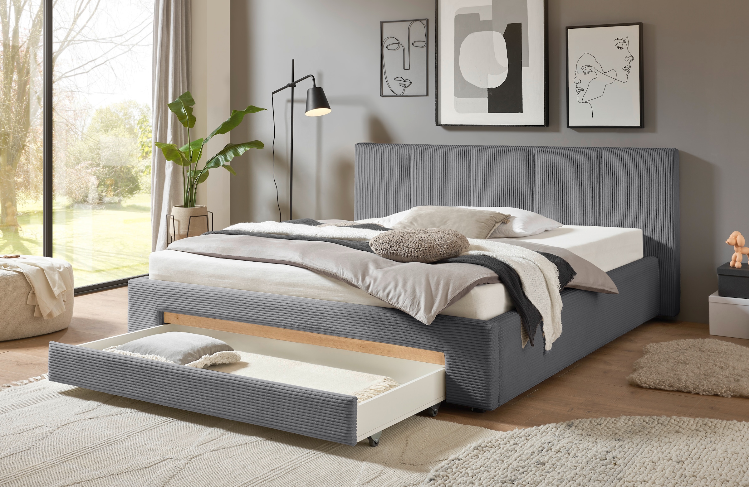 INOSIGN Polsterbett »CiTY/GiRON, Bettgestell mit Bettkasten, gepolstertes Stauraumbett«, mit Hundebett oder Stauraumschublade, Bezug Cord-oder Leinenoptik