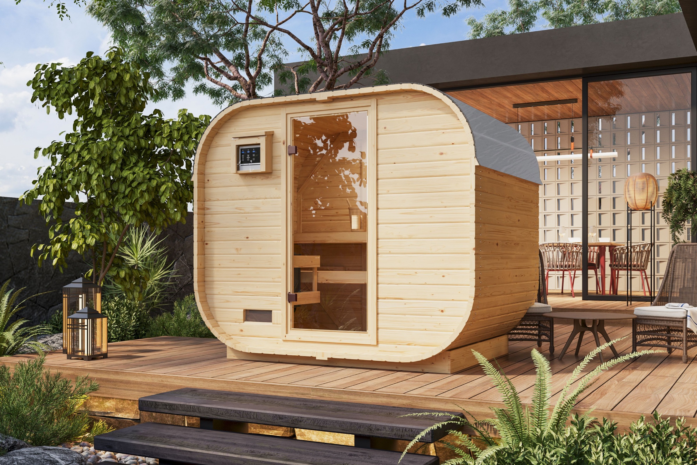 KARIBU Fasssauna »"Quadro 1 Plus" naturbelassen« aus hochwertiger nordischer Fichte naturbelassen