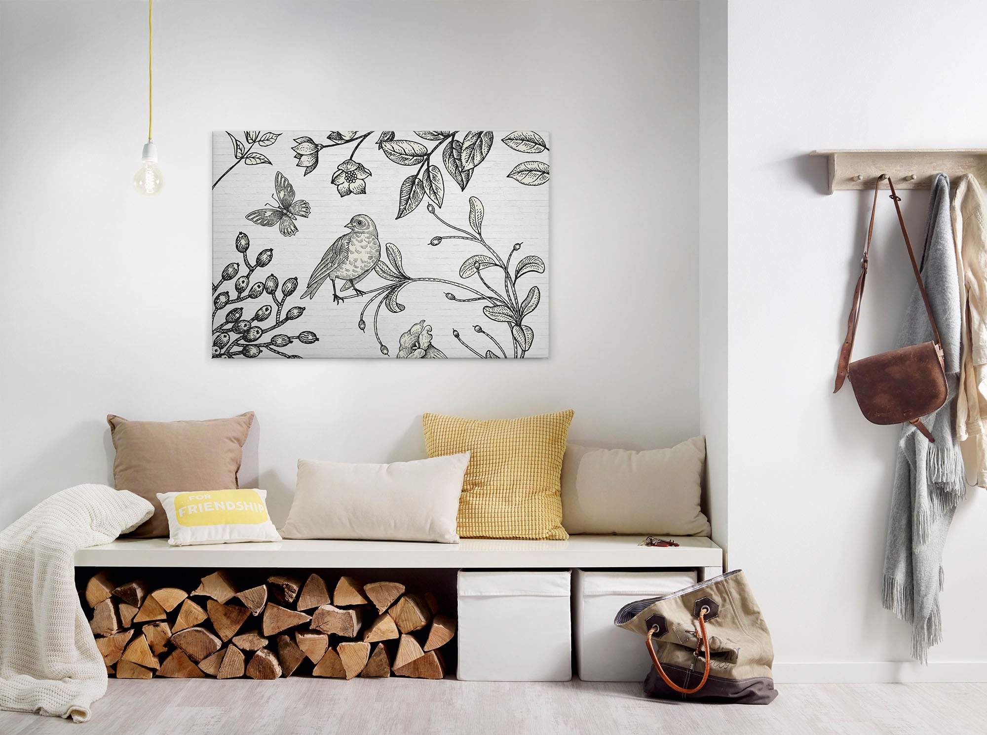 A.S. Création Leinwandbild »birdy« Gemälde | Kunst 1 Stk. tlg. Schwarz-Weiß Zeichnung Floral Keilrahmen Leinwand-Bild Wohnzimmer Wand
