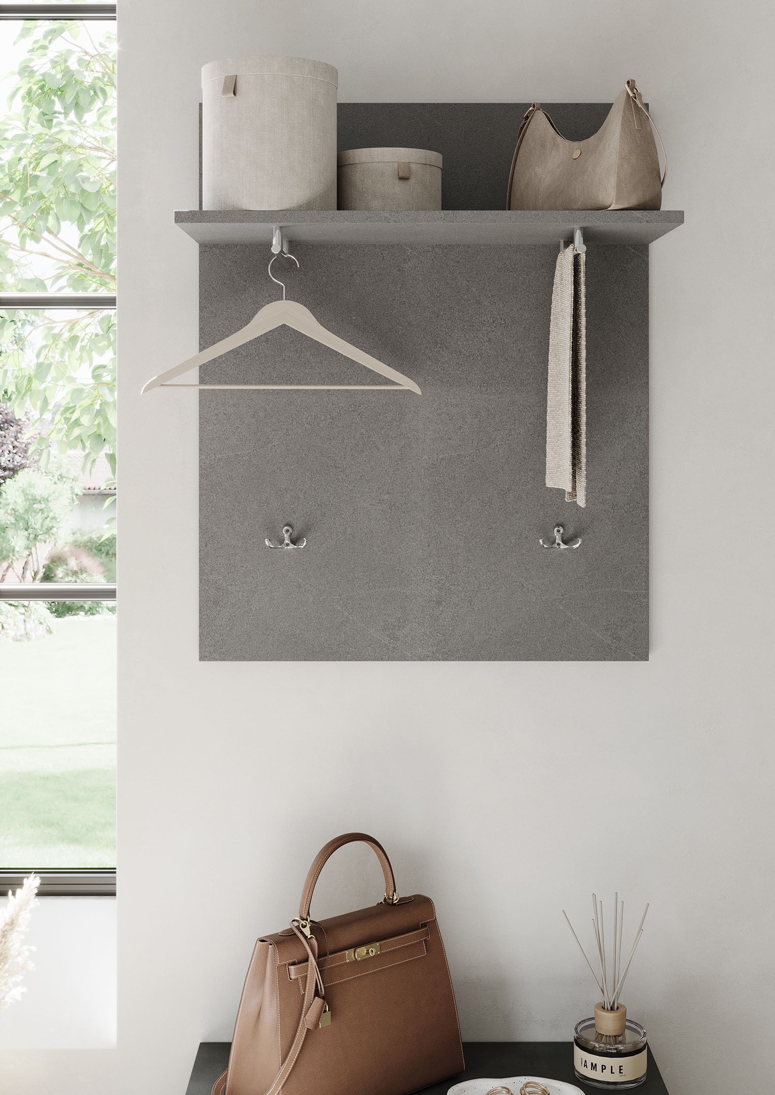 INOSIGN Garderobenpaneel »Pratiko, Breite 63 cm, Höhe 78 cm, Wandpaneel, Wandgarderobe,«, Flurgarderobe mit Ablage, 2 Kleiderstangen, 2 Kleiderhaken