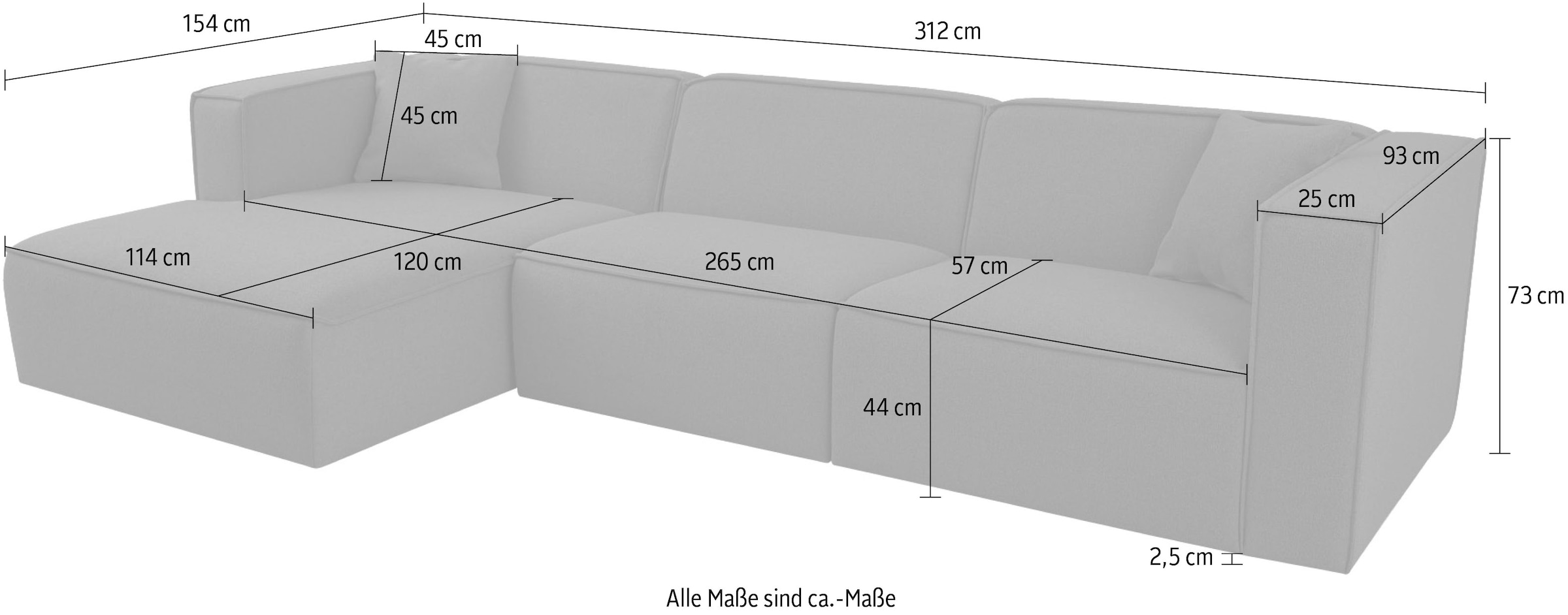 OTTO home Ecksofa »Tammie«, Breite 312 cm, Webstoff fein, bodentief, mit Wellenunterfederung