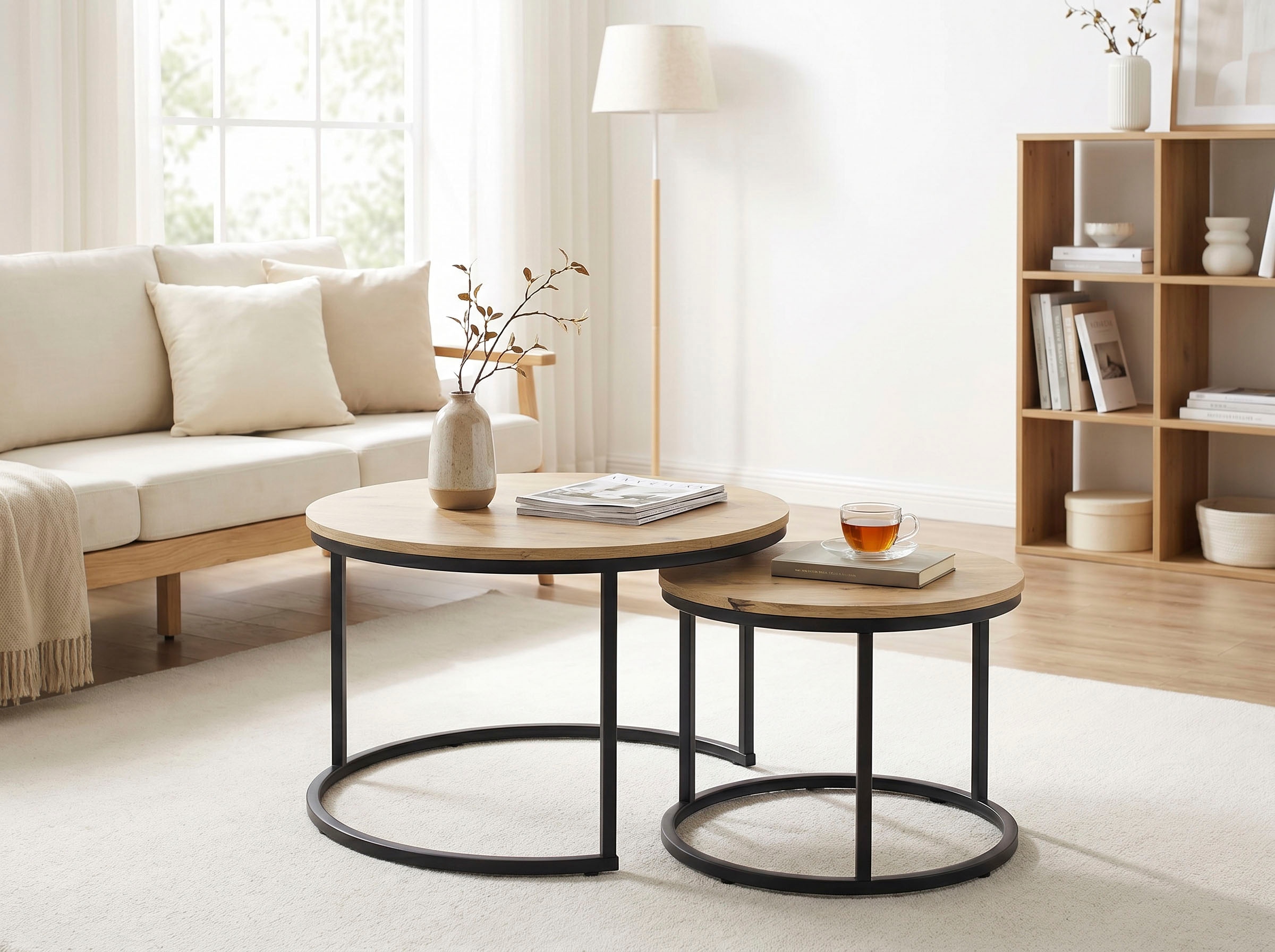 HELA Couchtisch »LINDAU« Set, 2er Set, 2 Stk. tlg. 2er Set,Tischplatten rund,MDF,Eicheoptik,Metallgestell,Dia 60+40cm