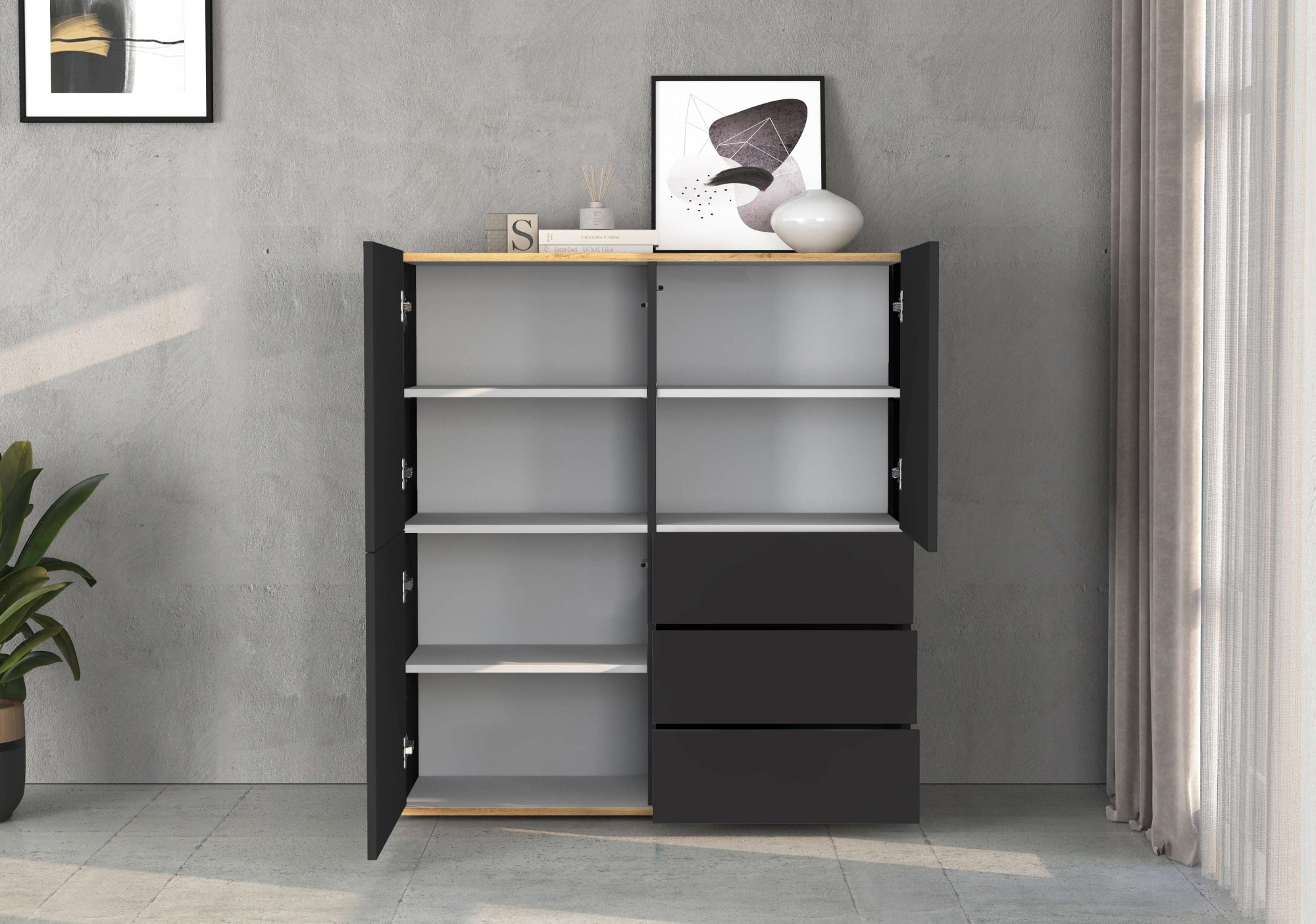 INOSIGN Highboard »GARDA Highboard, Kommode, Schrank, Grifflos mit Push to Open«, (1 St.), 3 Türen, 3 Schubladen, grifflos Breite 102 cm