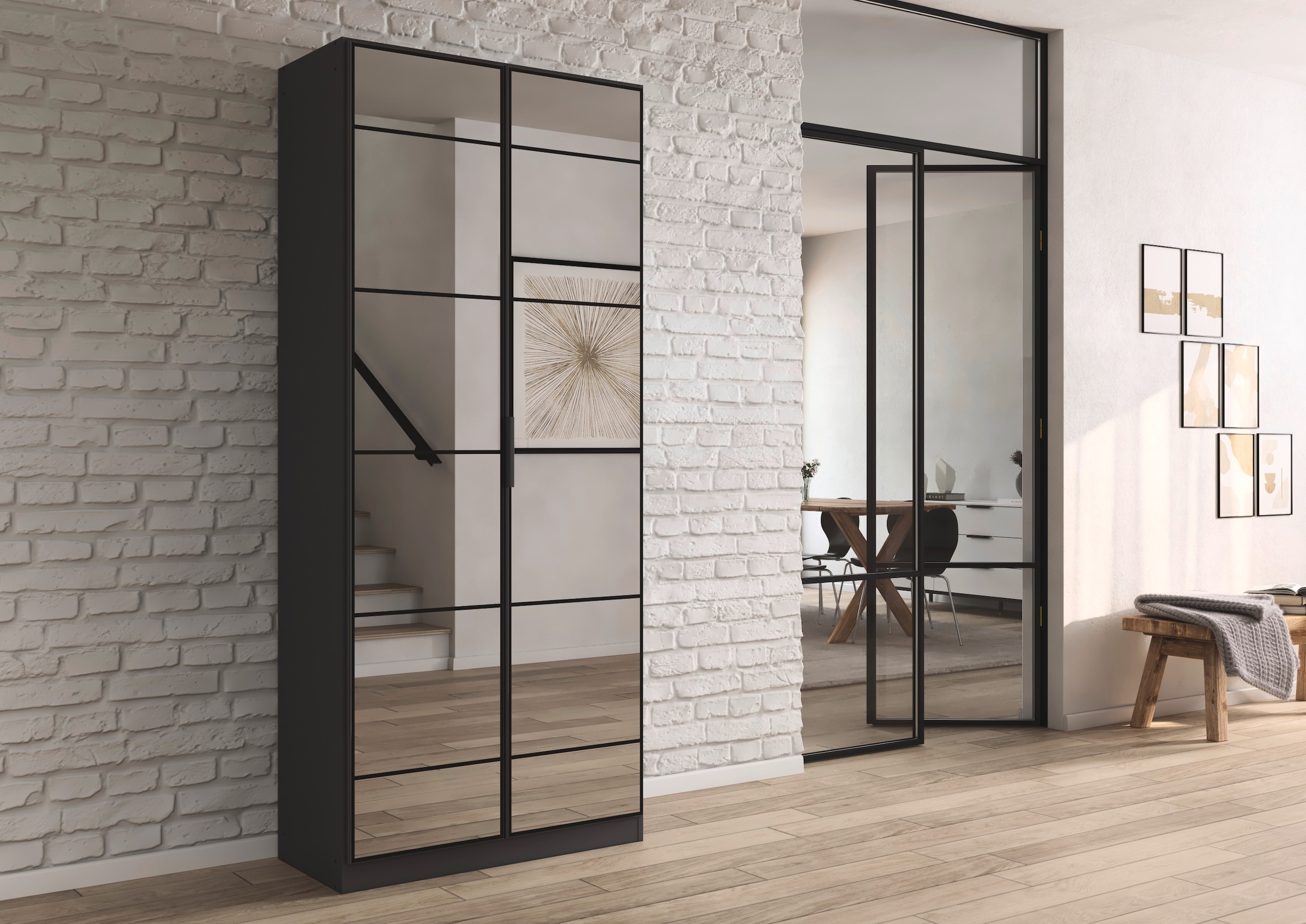 rauch Drehtürenschrank »Kleiderschrank Schrank Garderobe Schlafzimmerschrank ACERO«, (praktisch in Tiefe 41 cm mit vielen Einlegeböden), Spiegelfront in moderner Loft-Optik MADE IN GERMANY