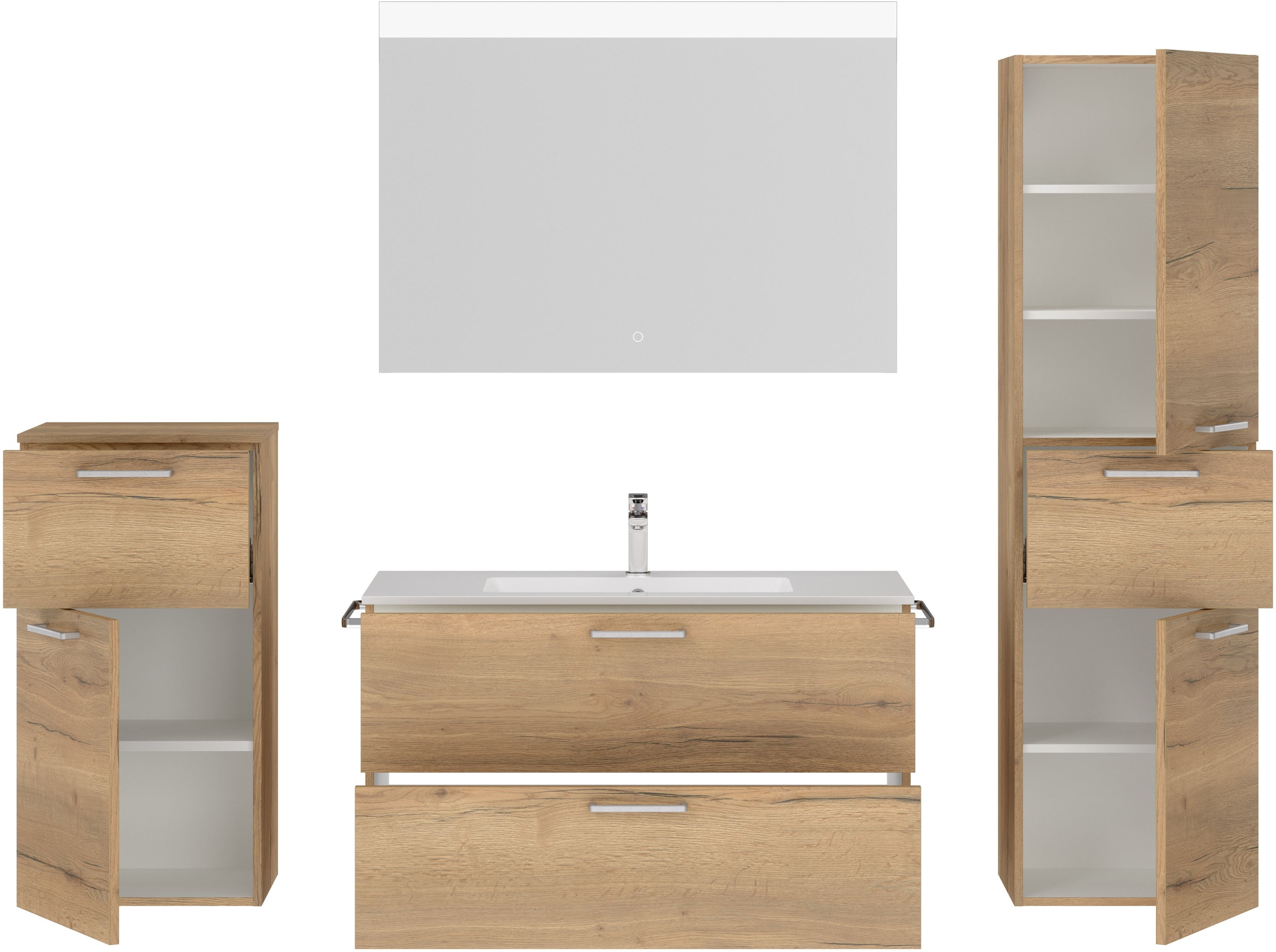nobilia® Badmöbel-Set »Tolvina«, (4 St., vormontiert, mit Soft-Close), inkl. Spiegel mit Touch-Sensor, in vier Breiten