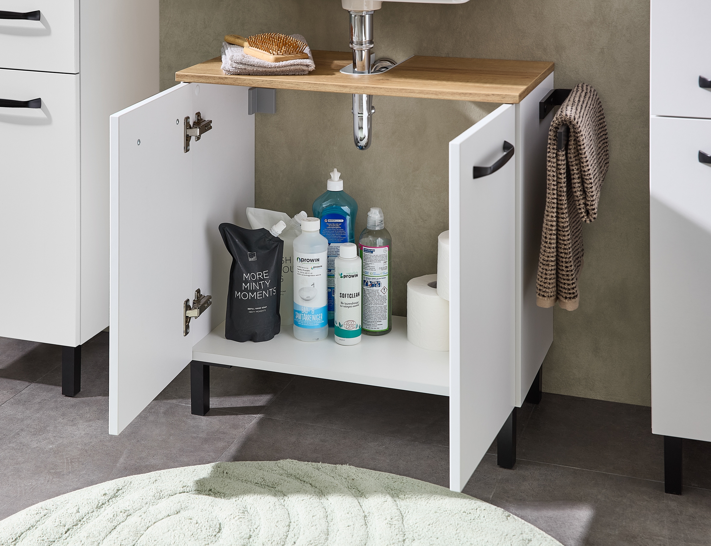 Saphir Waschbeckenunterschrank »Quickset 500, 2 Türen, Siphonausschnitt« Waschbeckenschrank inkl. Türdämpfer, Griffe in Schwarz