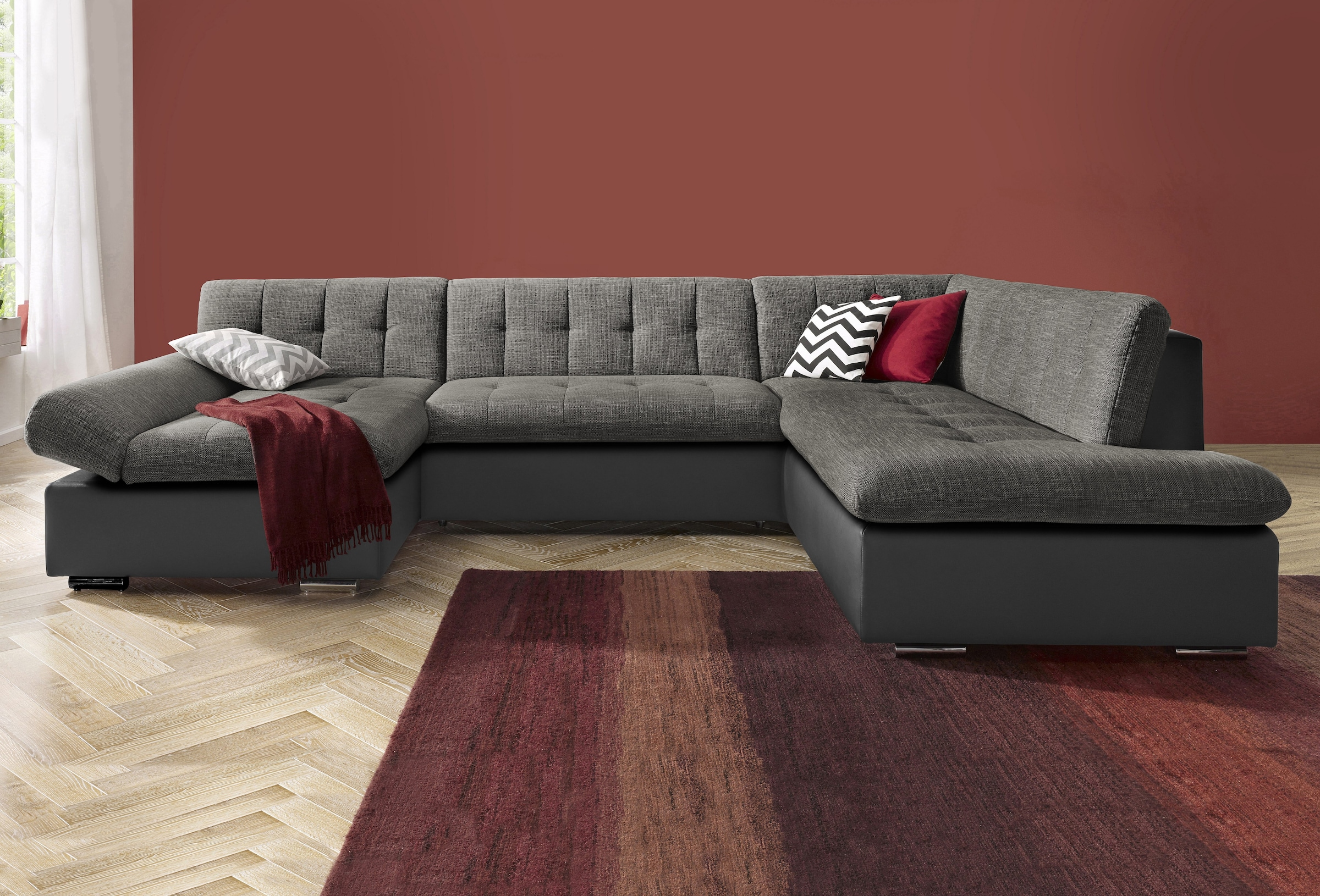 TRENDMANUFAKTUR Wohnlandschaft »Reggae modern und bequem, aktueller Materialmix, U-Form«, inkl. verstellbare Armlehne, wahlweise mit Bettfunktion