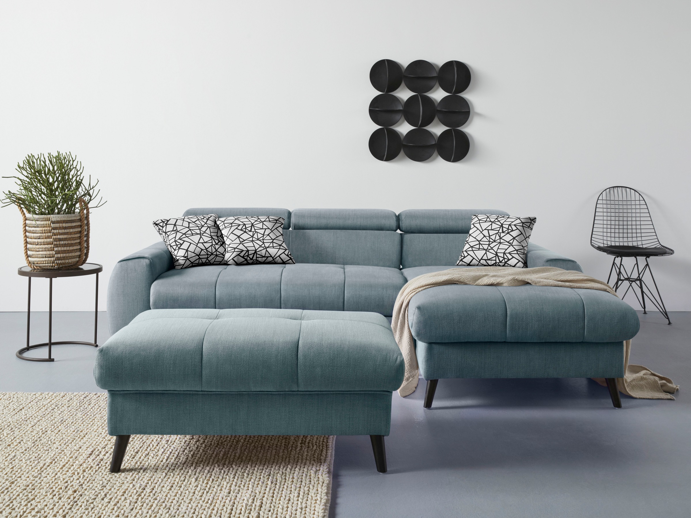 COTTA Ecksofa »Mia L-Form mit 3 Zierkissen«, wahlweise mit Bettfunktion, Bettkasten, Beleuchtung & Wireless-Charger