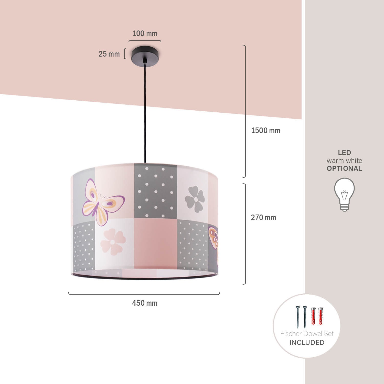 Paco Home Pendelleuchte »Cosmo 220« E27 Lampe Kinderzimmer Deckenlampe  Rosa Schmetterling Blumen Karo E27
