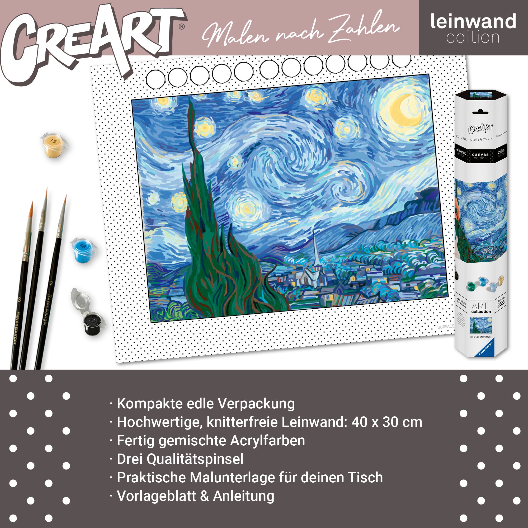 Ravensburger Malen nach Zahlen »CreArt, Leinwand ART Collection: Sternennacht (Van Gogh)« Made in Europe