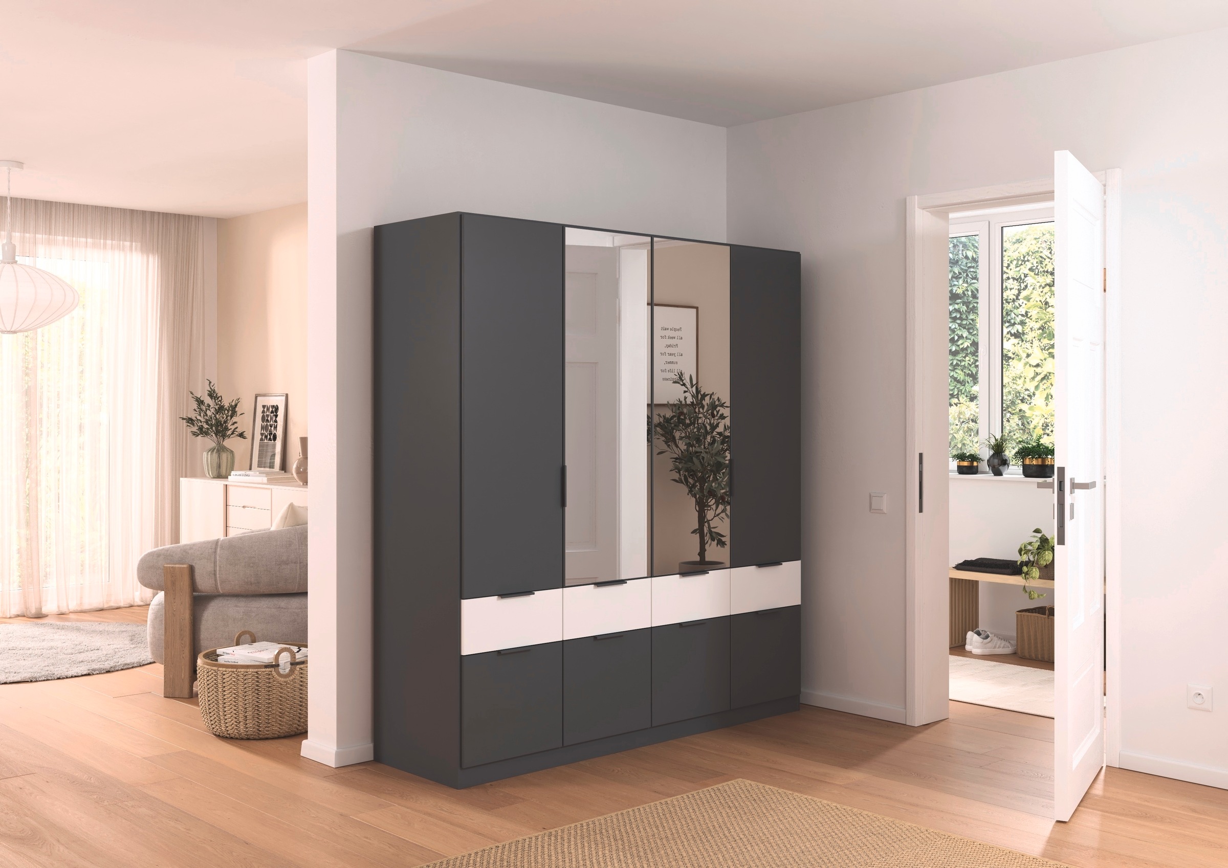 rauch Kleiderschrank »Kleiderschrank Schrank Garderobe Wäscheschrank DUNDEE«, (mit 3 Griff-Varianten), Schubladen in zwei Höhen, optional mit Spiegel MADE IN GERMANY