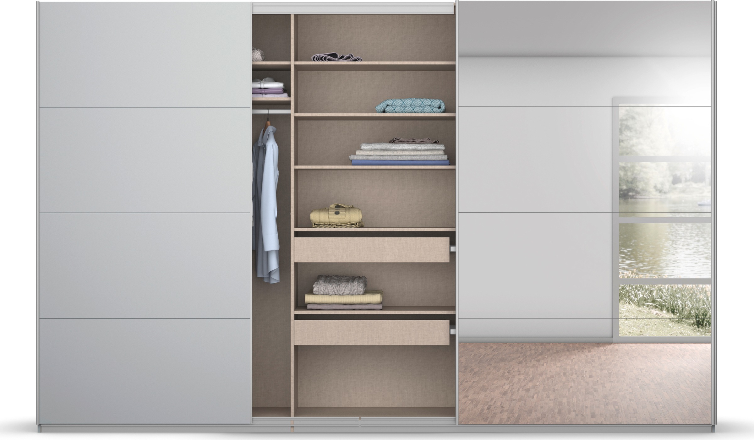 rauch Schwebetürenschrank »Kleiderschrank Schrank Garderobe KOLUNA mit Glastüren und Spiegel«, inkl. 2 Innenschubladen sowie extra Einlegeböden MADE IN GERMANY
