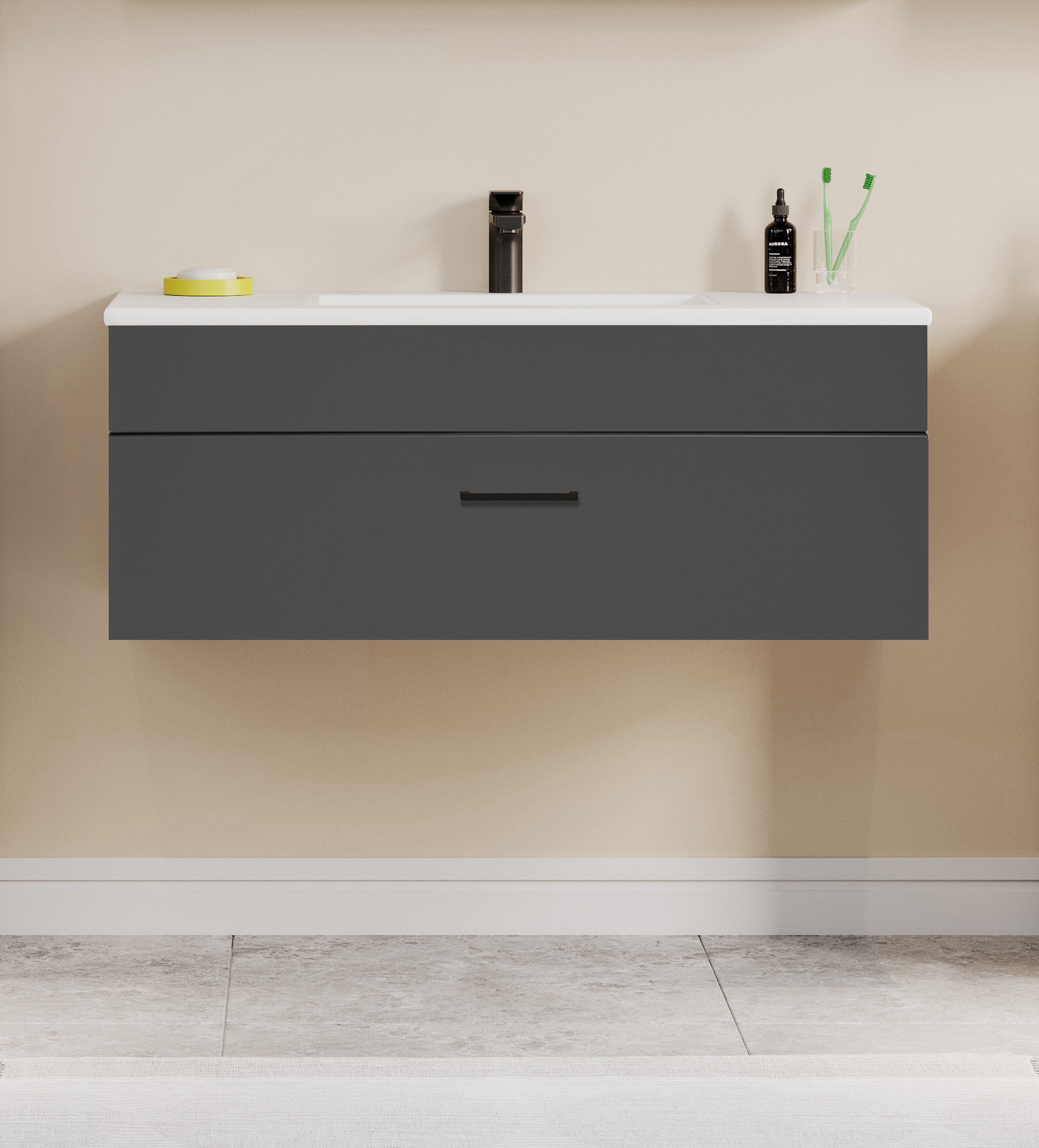 welltime Waschtisch »Trento Light mit Keramik-Auflagebecken«, 1 feste Blende und 1 Auszug, Breite: 101cm, Anthrazit Matt
