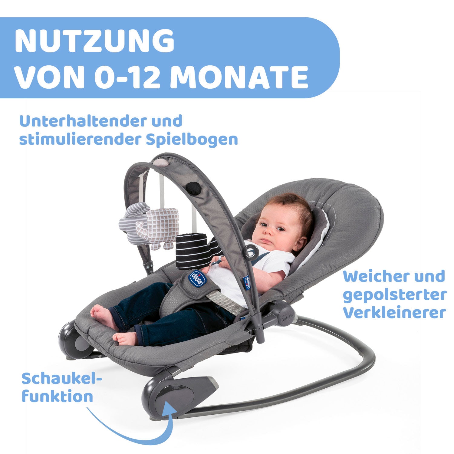 Chicco Babywippe »Hoopla, Moon Grey«, bis 18 kg, mit Spielbogen