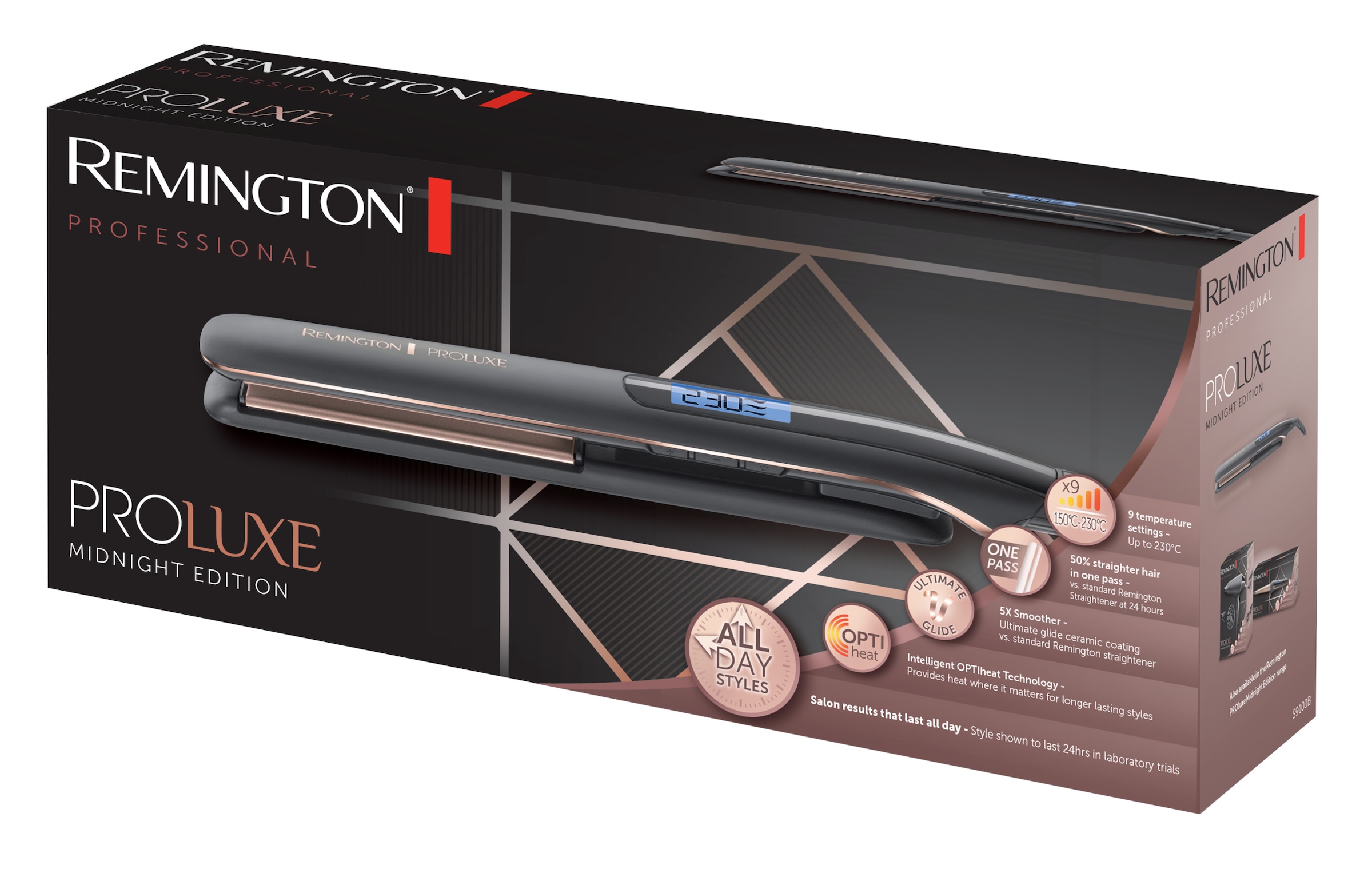 Remington Glätteisen »S9100B E51 PROluxe Midnight«, Ultimate-Glide-Keramik-Beschichtung, OPTIheat-Technologie, LCD display, 110mm lange Keramikstylingplatten