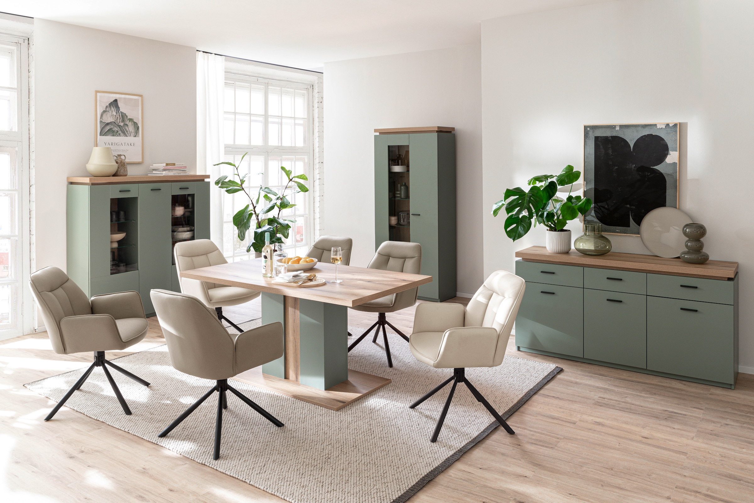 MCA furniture Esstisch »Moniz Säulenesstisch mit Bodenplatte«, (1 St.), Tisch, Eiche, Salbeigrün,belastbar 50kg, Breite 160cm,4-6 Personen