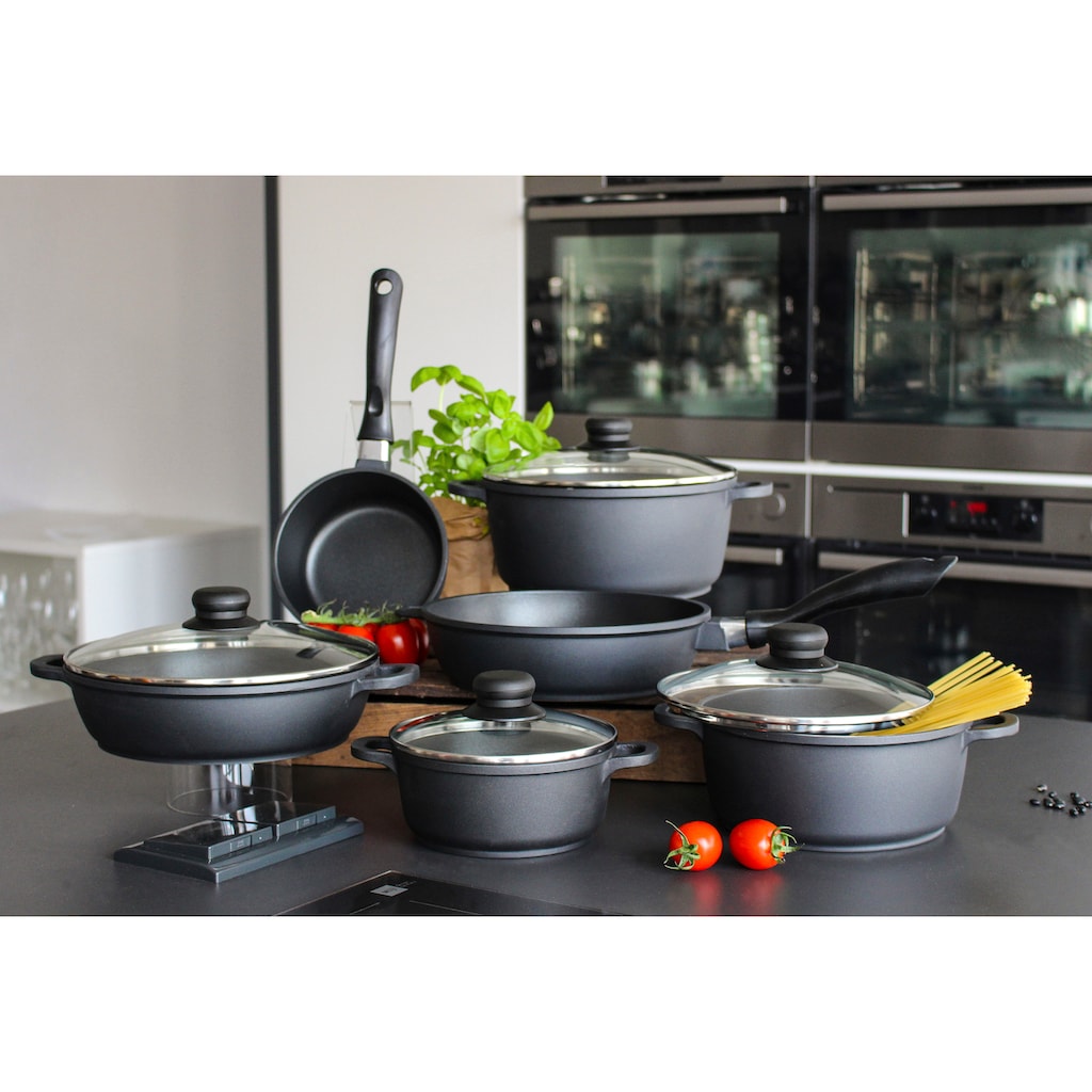 Elo Basic Topf-Set »Black Cast«, Aluminiumguss, (Set, 10 tlg., je 1 Kochtopf 16/20/24 cm, Stielkasserolle 16 cm, 2 Pfannen 24 cm)