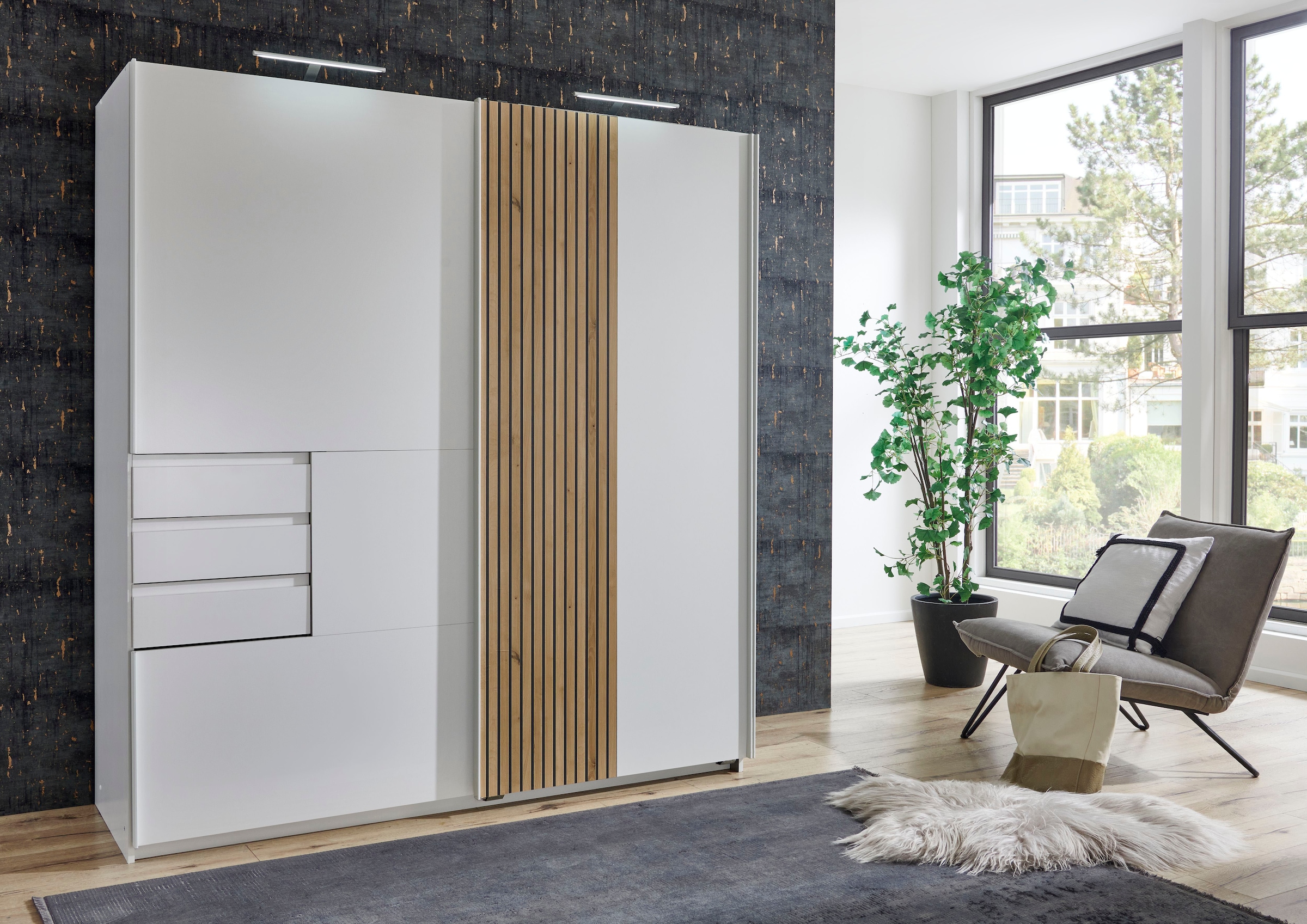 Wimex Schwebetürenschrank »Coburg, Kleiderschrank Made in Germany«, mit Akustikpaneel Optik oder Holzoptik eichefarben, 180cm breit