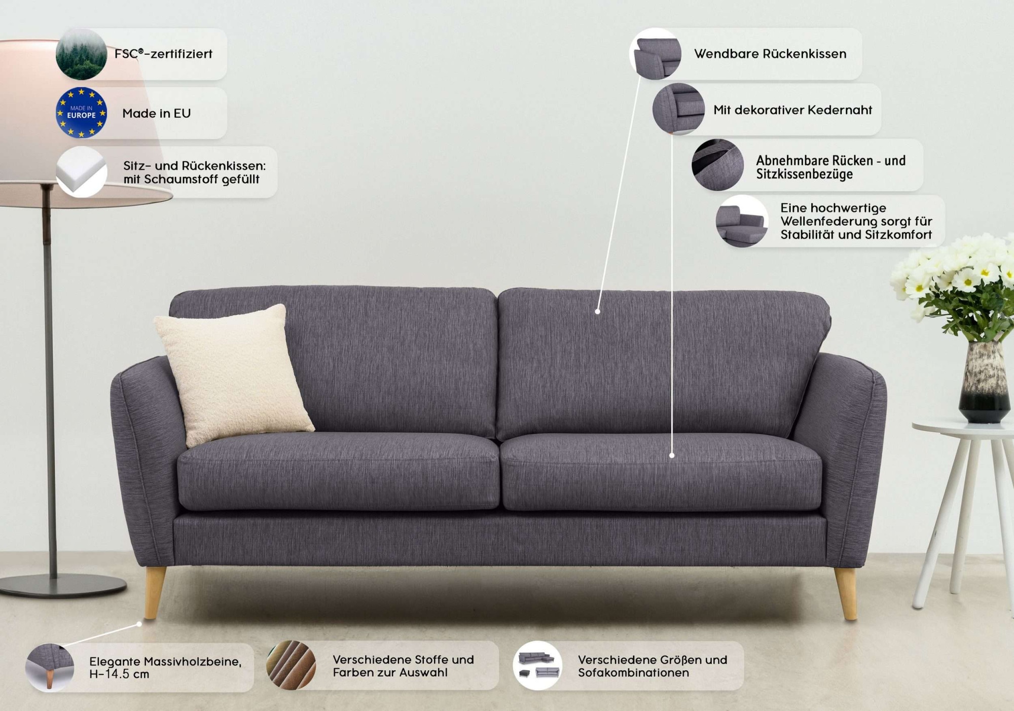 Home affaire 2-Sitzer »MARSEILLE Sofa 170 cm«, mit Massivholzbeinen aus Eiche, verschiedene Bezüge und Farbvarianten