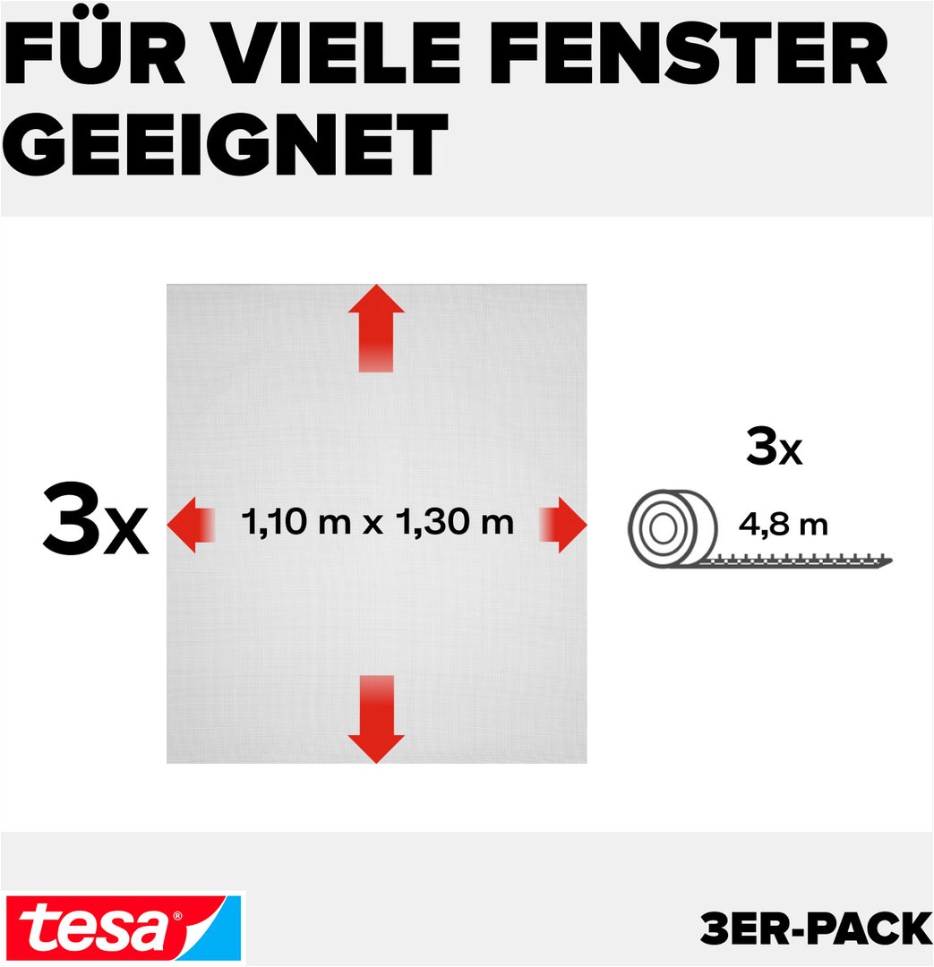 tesa Fliegengitter-Gewebe »Klett Fliegengitter für Fenster - Insektenschutz« Packung, Fliegennetz, Klettband, 3 Stk. tlg. INSECT STOP mit Klettband, zuschneidbar