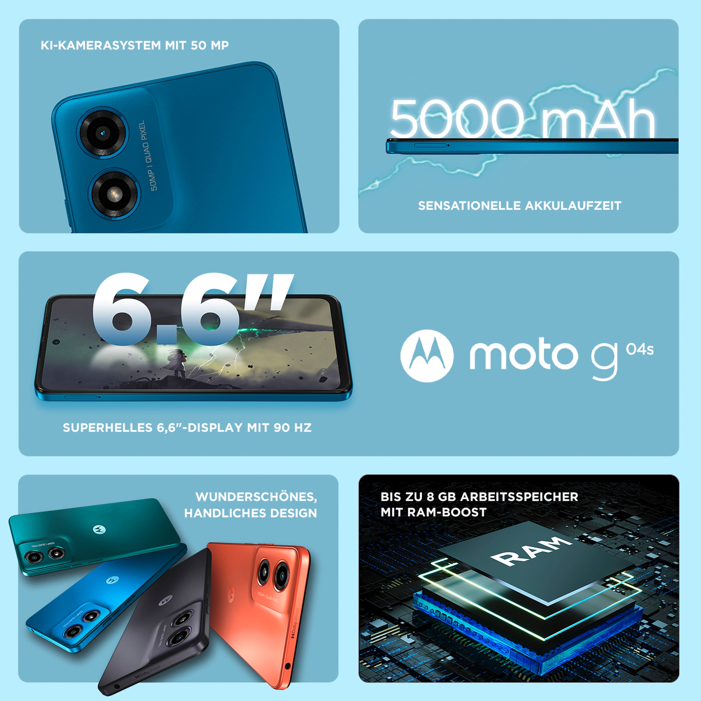 Motorola Smartphone »moto G04s 64GB«, Satinblau, 16,67 cm/6,6 Zoll, 64 GB Speicherplatz, 50 MP Kamera