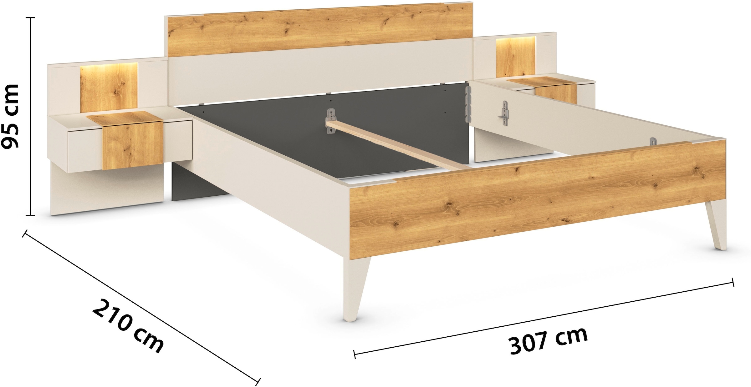 rauch Bettanlage »Bett Doppelbett Komfortbett Schlafzimmer Nachttische KONA« Set, Bett 180x200 oder 200x200, 2x Hängenachttisch, 2x Paneele mit Bel., 5 tlg. tlg. Absetzung Asteiche massiv, mit Soft-Close-Funktion MADE IN GERMANY