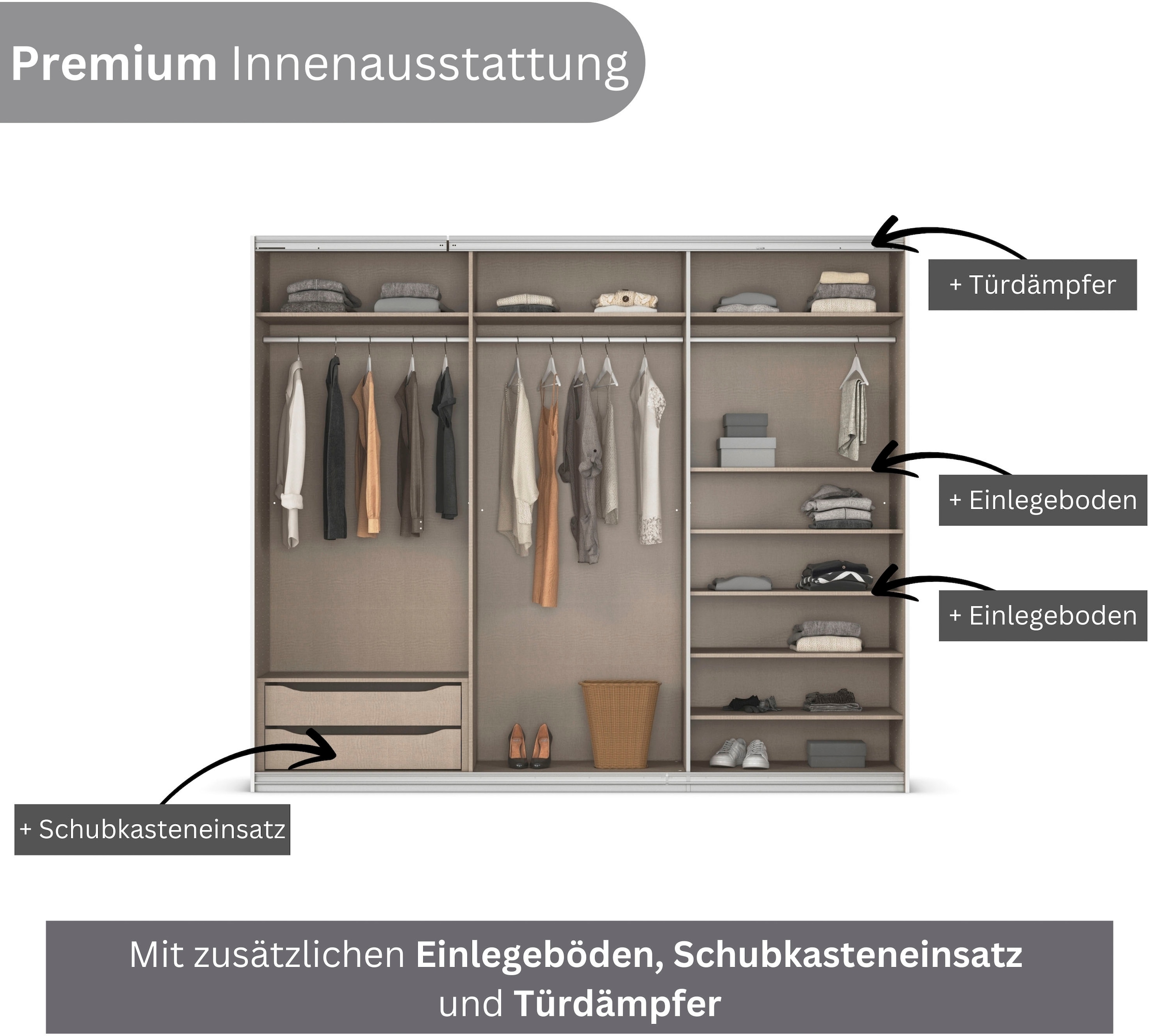 INOSIGN BY RAUCH Schwebetürenschrank »Kleiderschrank Schrank Garderobe Schlafzimmerschrank THANOS«, (in 3 verschiedenen Ausstattungen BASIC/CLASSIC/PREMIUM), Optional mit Spiegel, Metall-Griffleisten alufarben MADE IN GERMANY