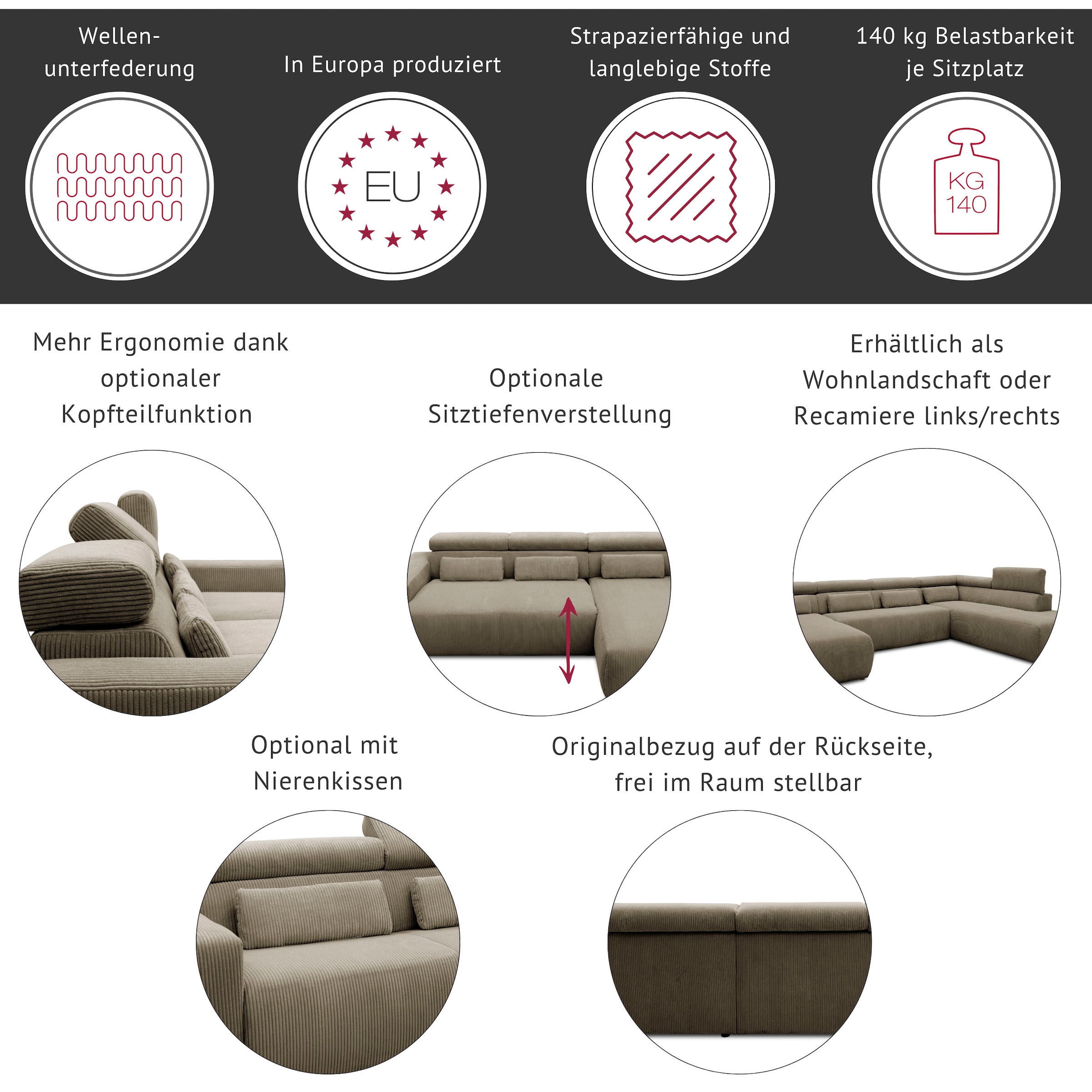 DOMO collection Wohnlandschaft »Brandon, belastbar bis 140kg/ Sitz, B/T: 359/228 cm, U-Form« mit Sitztiefenverstellung, Luxus-Microfaser, dunkelgrau