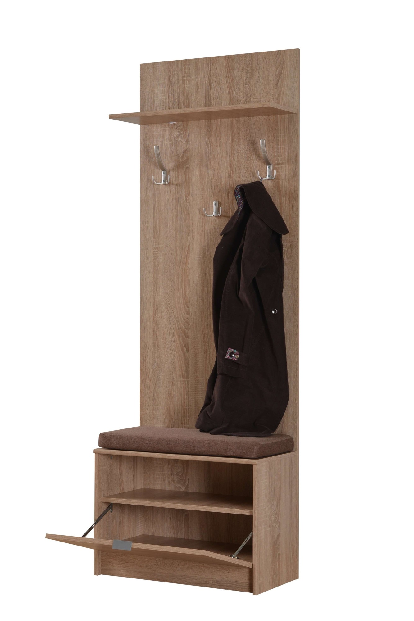 INOSIGN Kompaktgarderobe »Flamenco Flurgarderobe, Dielenschrank, Flurmöbel, Breite 67 cm«, mit Sitzbank und Garderobenpaneel, Klapptür, 8 Haken, in Sonoma Eiche