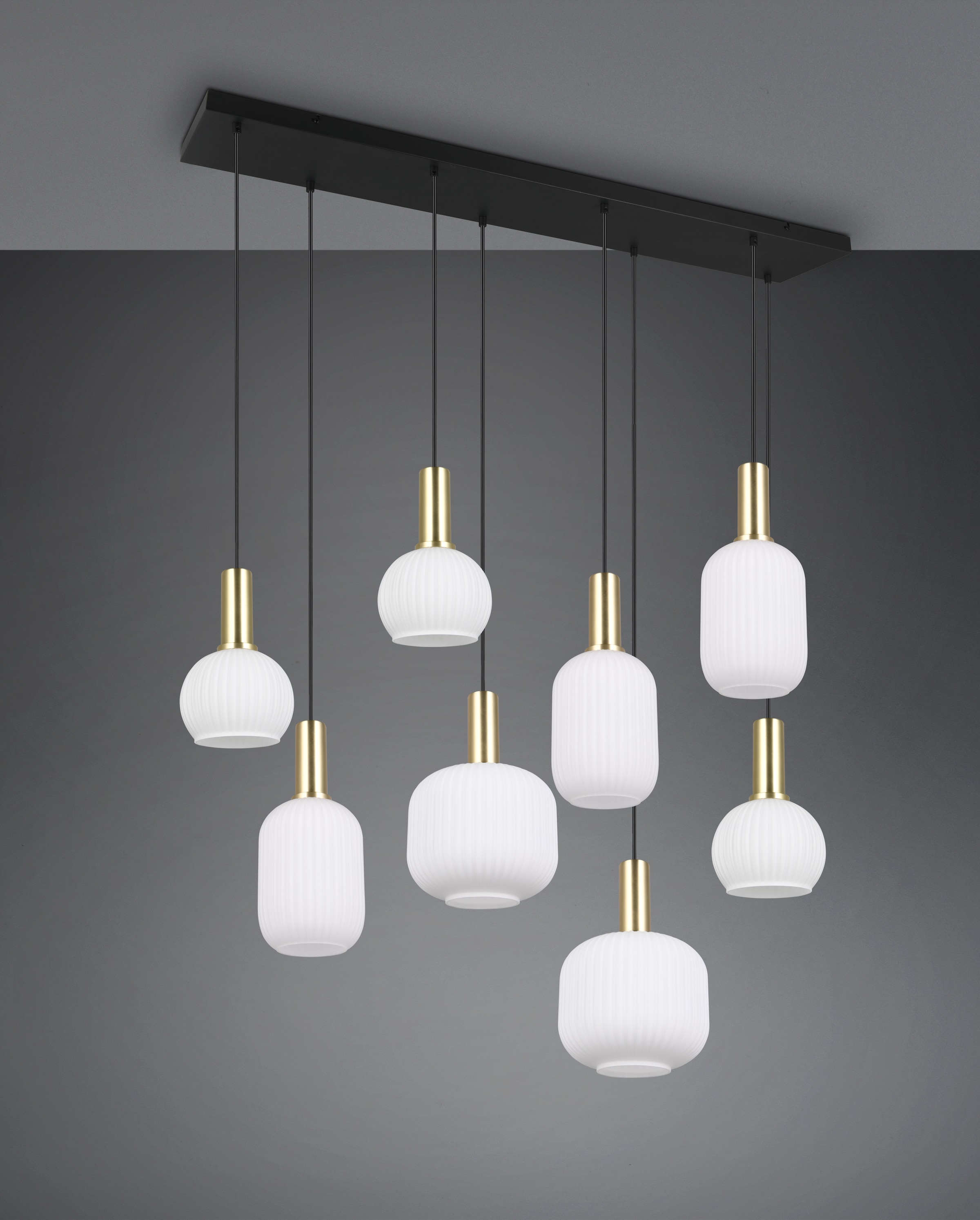 TRIO Leuchten Pendelleuchte »DIVA, E27 Hängelampe 8-flammig mit Glasschirm, exkl 8xE27 max 10W«, 8 flammig, Leuchtmittel E27 | Leuchtmittel wechselbar, höhenverstellbar bis max 150cm Hängeleuchte 120x32 cm Wohnzimmer Küche
